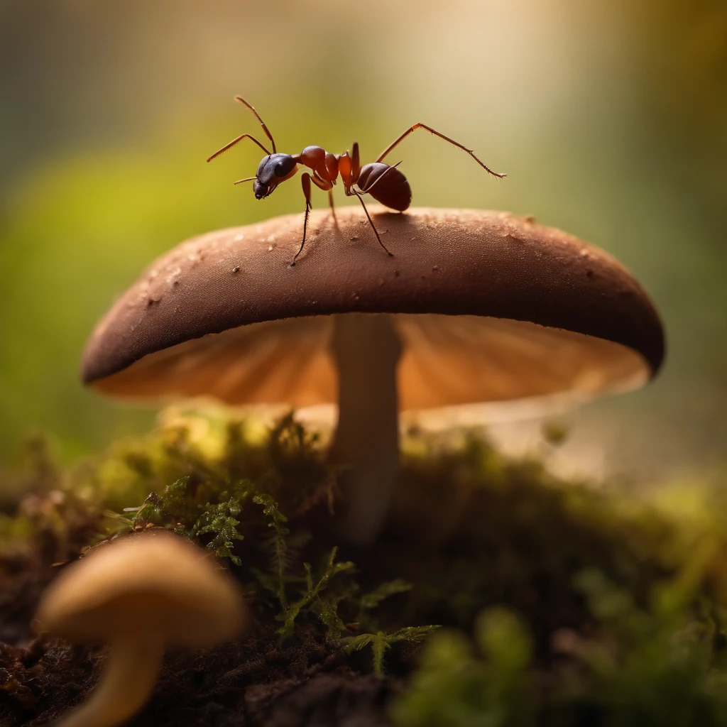 an ant on the top of the mushroom