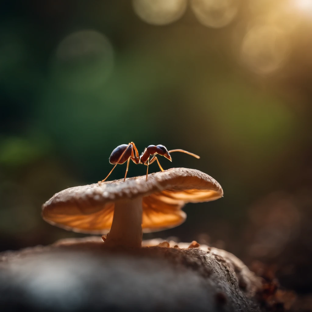 an ant on the top of the mushroom