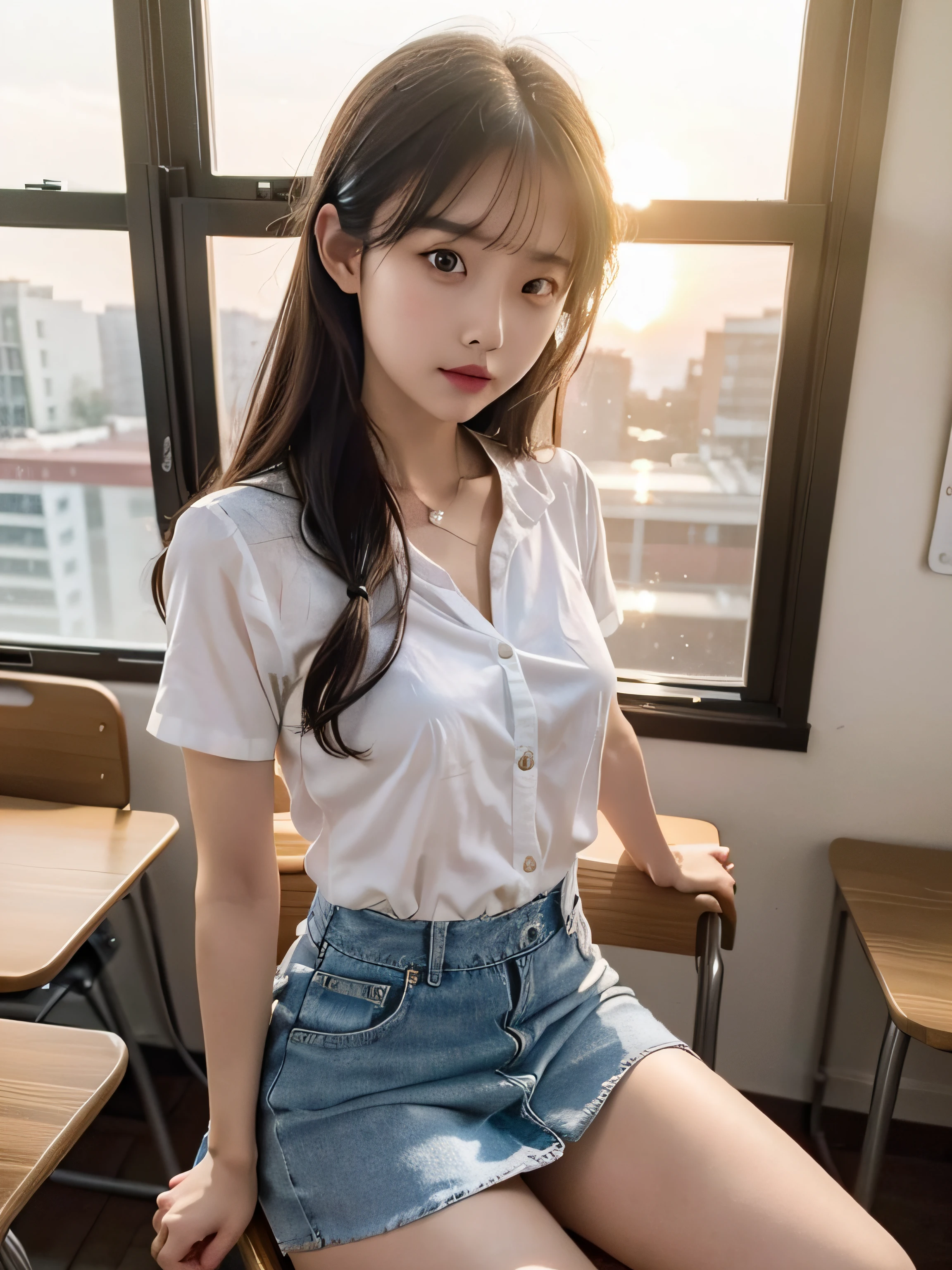 top-quality、8k picture、In a classroom with the sunset shining through the window、One high school girl sitting on a chair、Cute Beautiful Girl、Get on your knees and sit on a chair、White blouses、a short skirt、I can see the white panties、slenderbody、tiny chest、toned legs、Detailed details