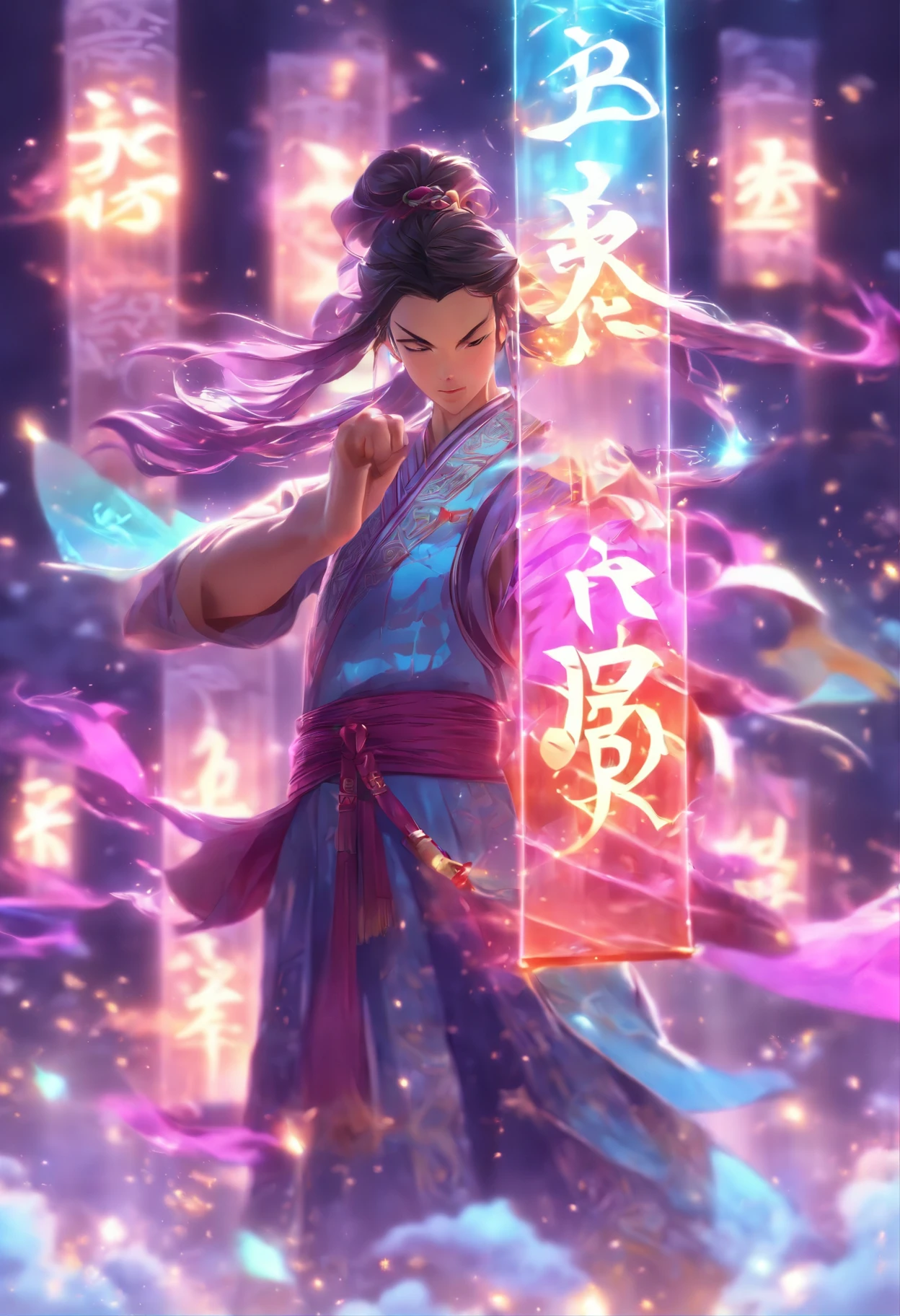 1boys,Solo，Young scholars of ancient China，(Hold the transparent illuminated scroll:1.5)，(Transparent glowing kanji hovering in midair:2)，（Transparent kanji background：1.5），Vertical text，glittery，Scholar in blue robes，Long flowing hair flutters in the wind，16k, hyper HD, high resolution, Very detailed, Best image quality,dynamicposes，(20 columns of Chinese characters:2)，arranged in an orderly fashion
