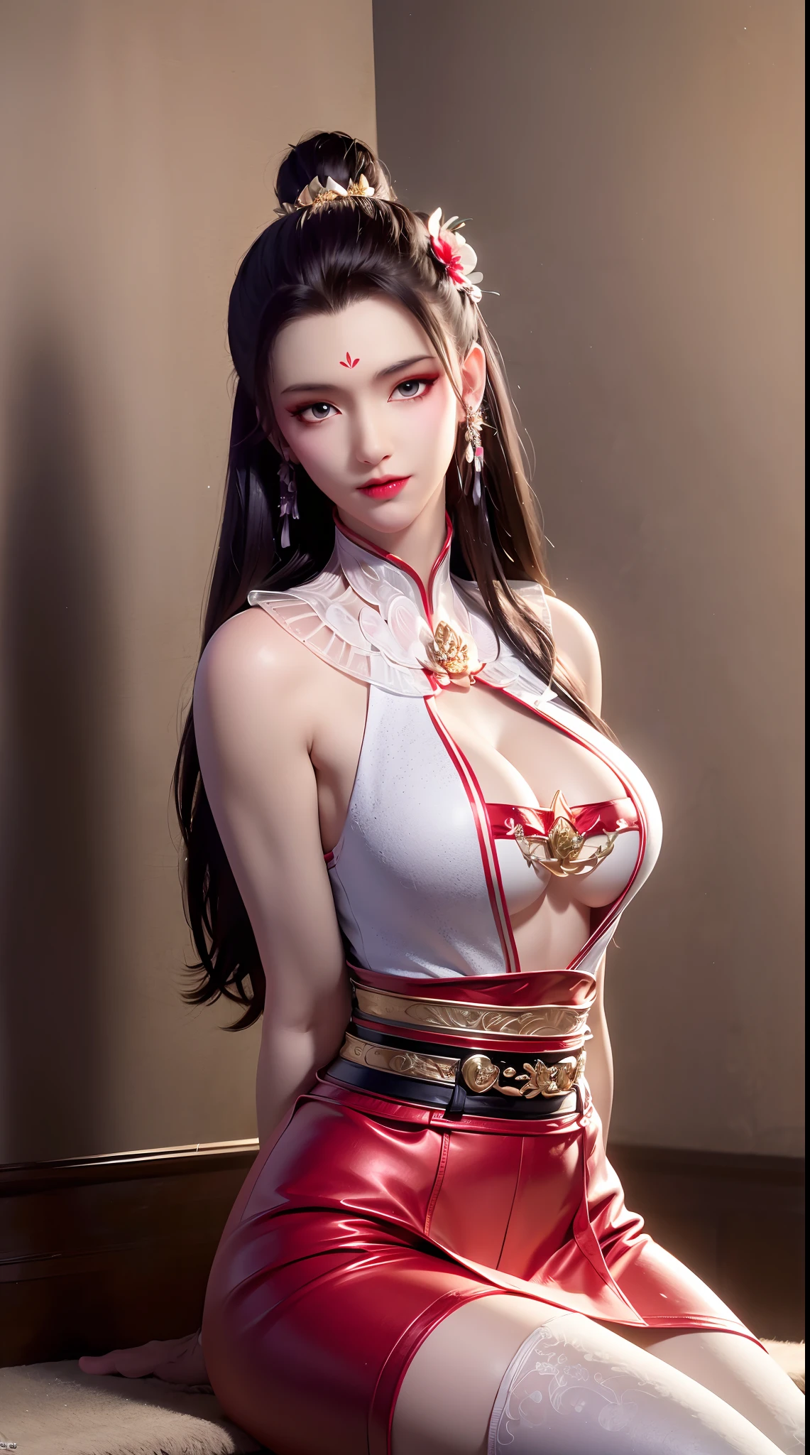 "1 beautiful girl in traditional costume, wearing a traditional Chinese ao dai in luminous red, Ao dai with red as the main color, black chest border and gold border, long hair and white bangs, hair jewelry most detailed and beautiful, Super cute little face, Extremely pretty face, sparse eyebrows, most flawless beautiful face, ((black pupil:0.8)), very beautiful eyes, ((eyes red:1.4)), beautiful and detailed eyelashes and very magical makeup, high nose, earrings, thin lips, red lips, no smiling, beautiful lips, rosy face, clean face, flawless beautiful face , smooth white skin, (big breasts: 0.9)), Blums breasts, ((big and super round breasts): 0.9)), ((super tight breasts: 1.2)), ((breast augmentation: 0.8)), beautiful breasts, sitting on the floor, Sitting with legs wide open, thighs spread wide and not shy, hands behind back, chest forward, leaning back slightly, pretty girl's upper body, colored fishnet stockings sexy black lace, 8k photo, super high quality, hyper realistic, 10x super pixels, realistic photo, bright studio, light border, two-tone light color, (high detail) skin: 1.2), 8k ultra, soft light, high quality, volumetric light, realistic, Photo, high resolution, light, best photo, 4k, 8k quality, blur effect, Smooth and sharp, 10x pixels, aurora, lightning, super graphics, most realistic graphics,((Exterior red flower background: 1.7)), alone, solo, portrait 9:16, Extremely sharp, surreal image."