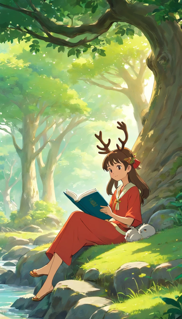 Right bank of the Erguna River Ethnic minorities Reindeer Girl reading under a big tree
