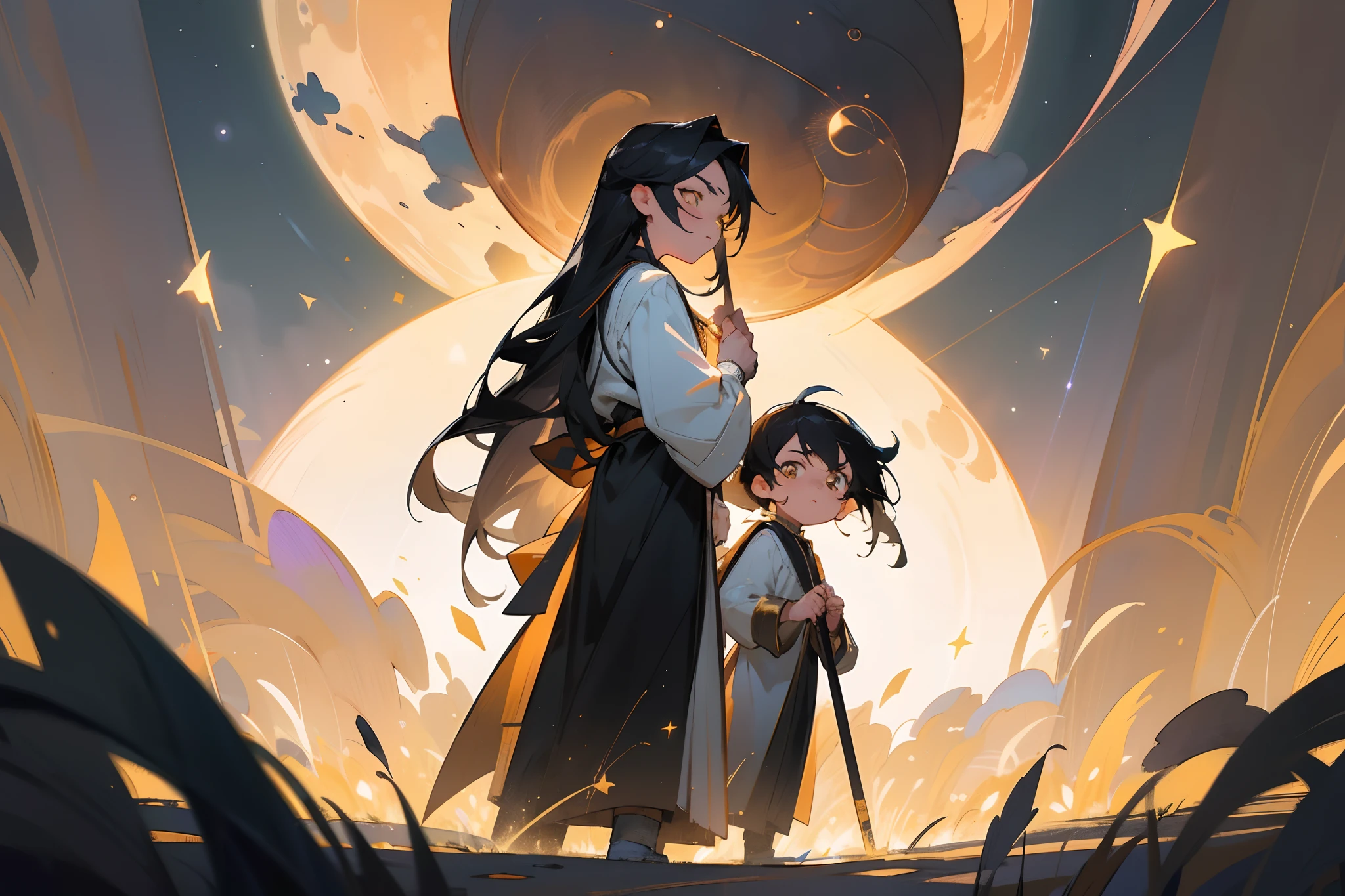 tmasterpiece,Best quality at best,highly details, Ultra-detailed 8K, 超高分辨率,Two people stood side by side on the ground,Faraway view,(Girl with long black hair,long whitr hair,the maid outfit)(Short black hair for boys,Yellow eyes,Deacon attire)kosmos,starlights,starrysky,black hole,Bask in starlight,perfect compositions,