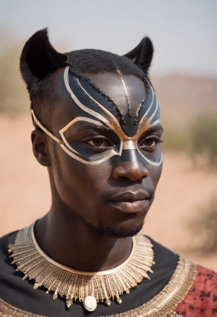Mysterious frontal African male characters with traditional African dress and wearing a black panther mask creating a mysterious universe