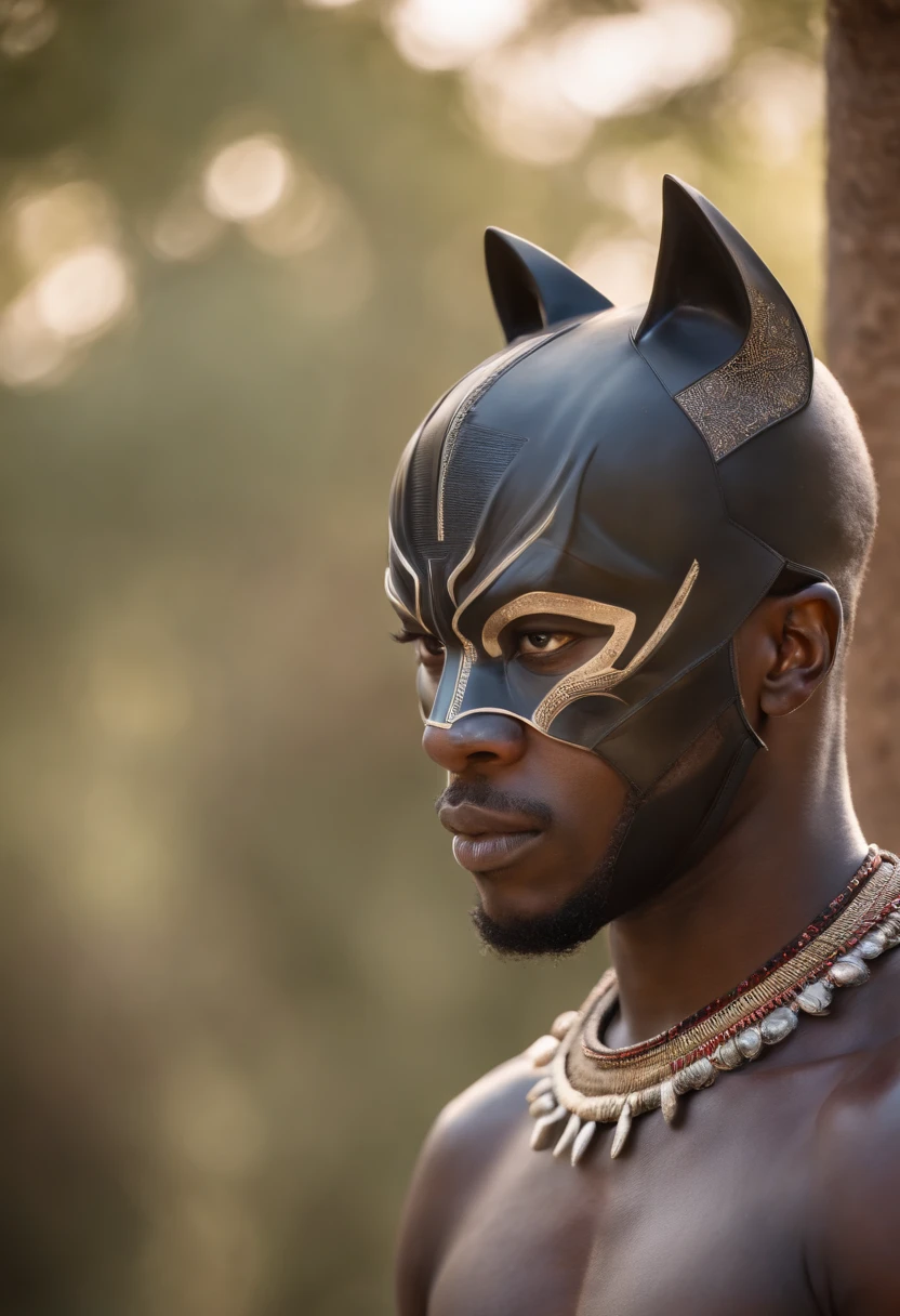 Mysterious frontal African male characters with traditional African dress and wearing a black panther mask creating a mysterious universe