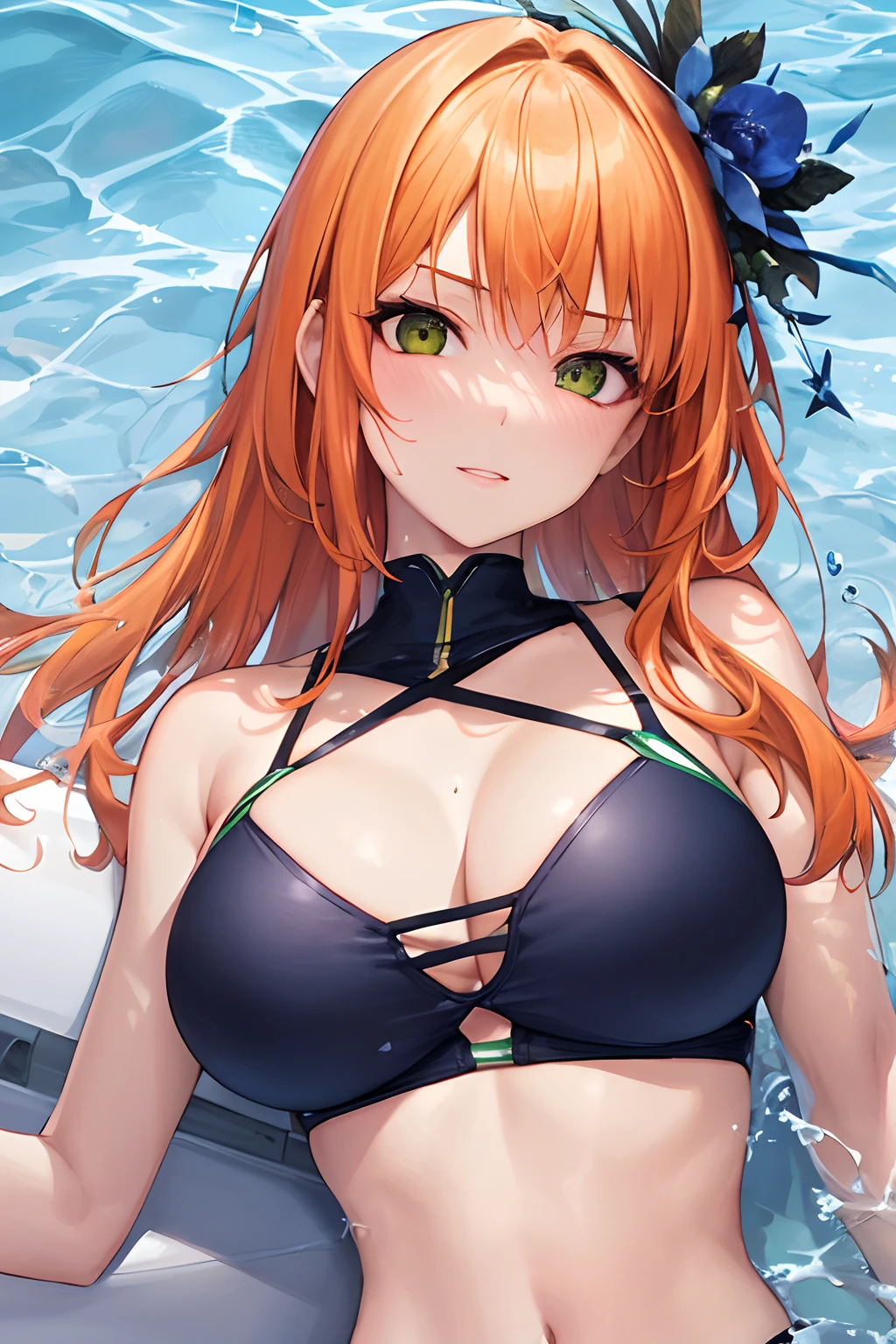 superfine illustration, very detailed beautiful face and eyes, Dynamic Angle, swim wears, Upper body, Green bikini, Stand on the ship, smug, Orange hair, No hair ornaments