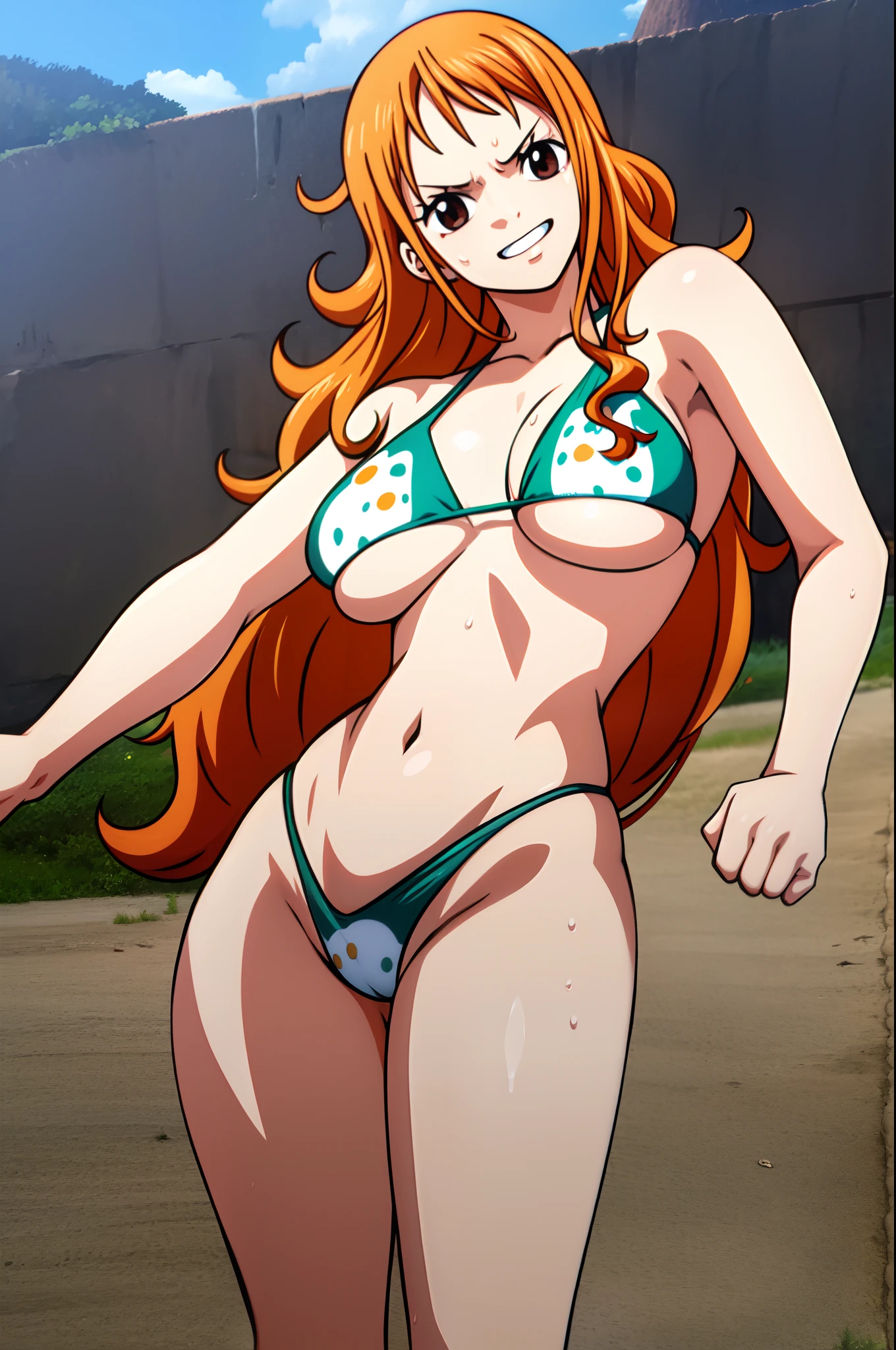 (best quality, highres),ultra-detailed, (realistic:1.37), (anime:1.1), portrait, Nami from One Piece, beautiful detailed brown eyes, beautiful detailed orange long hair, wearing a micro bikini, standing on a sunny beach, slightly blushing, joyful expression,(NSFW), dynamic pose and dynamic stretching.dripcum,cum string,excessive cum,revealing clothes,see thru, revealing, hentai.