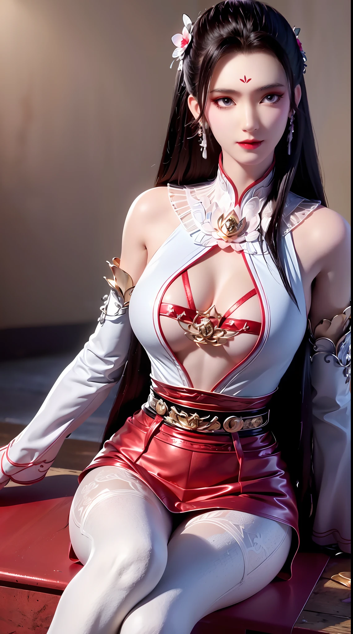 "1 beautiful girl in traditional costume, wearing a traditional Chinese ao dai in luminous red, Ao dai with red as the main color, black chest border and gold border, long hair and white bangs, hair jewelry most detailed and beautiful, Super cute little face, Extremely pretty face, sparse eyebrows, most flawless beautiful face, ((black pupil:0.8)), very beautiful eyes, ((eyes red:1.4)), beautiful and detailed eyelashes and very magical makeup, high nose, earrings, thin lips, red lips, no smiling, beautiful lips, rosy face, clean face, flawless beautiful face , smooth white skin, (big breasts: 0.9)), Blums breasts, ((big and super round breasts): 0.9)), ((super tight breasts: 1.2)), ((breast augmentation: 0.8)), beautiful breasts, sitting on the floor, Sitting with legs wide open, thighs spread wide and not shy, hands behind back, chest forward, leaning back slightly, pretty girl's upper body, colored fishnet stockings sexy black lace, 8k photo, super high quality, hyper realistic, 10x super pixels, realistic photo, bright studio, light border, two-tone light color, (high detail) skin: 1.2), 8k ultra, soft light, high quality, volumetric light, realistic, Photo, high resolution, light, best photo, 4k, 8k quality, blur effect, Smooth and sharp, 10x pixels, aurora, lightning, super graphics, most realistic graphics,((Exterior red flower background: 1.7)), alone, solo, portrait 9:16, Extremely sharp, surreal image."