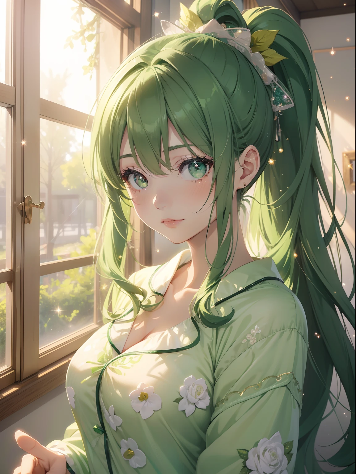 masutepiece, High resolution, 8K, anime woman, Delicate and detailed writing 、Detailed digital illustration、absurdly long hair、(((Ponytail)))、Shiny hair、a very beautiful woman、Eyes are double, Large,Little hanging eyes、 Bust E Cup、High image quality, High quality、Detailed background、((Green girl room background))、The inside of the eye shines like a diamond、(((Dark green hair)))、Gradient pupil、(((2 arms、4 fingers, 1 thumb)))、Detailed female face、a very beautiful woman、、细致背景、masterpiece、Soft Focus , Bright gradient watercolor , Lens Flare , (((Glitter))) , Glow , Dreamy ,(((Cute Pajamas)))、Idol、Light Green Ribbon、Very beautiful light green rose hair accessories、Light green and gold costume with white as the main color、((Macroface))、(Cool Girl).Tall lady、Dignified.((No bangs))、Girl's room background