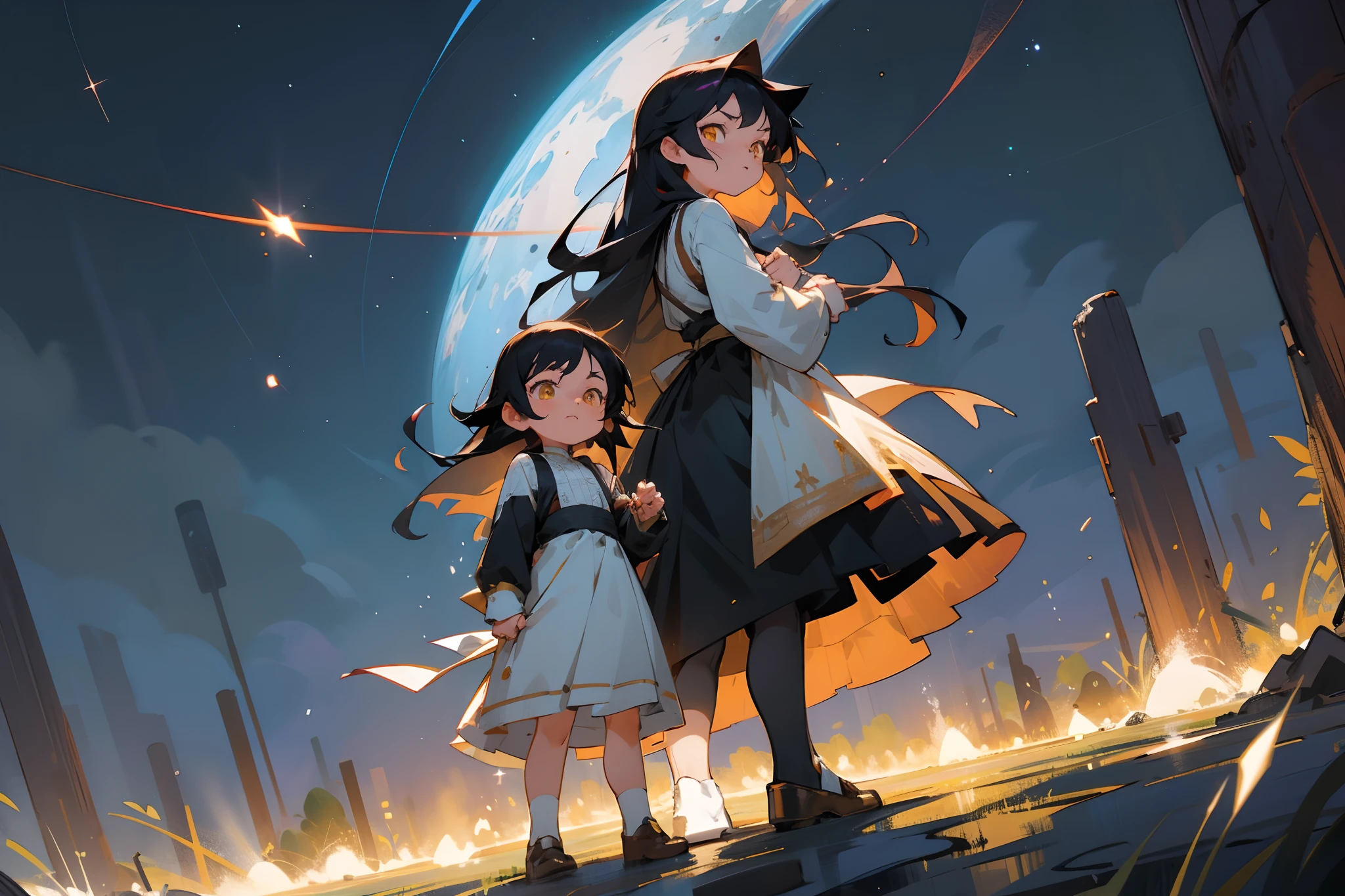tmasterpiece,Best quality at best,highly details, Ultra-detailed 8K, 超高分辨率,Two people stood side by side on the ground,Faraway view,(Girl with long black hair,long whitr hair,the maid outfit)(Short black hair for boys,Yellow eyes,Deacon attire)kosmos,starlights,starrysky,black hole,Bask in starlight,perfect compositions,