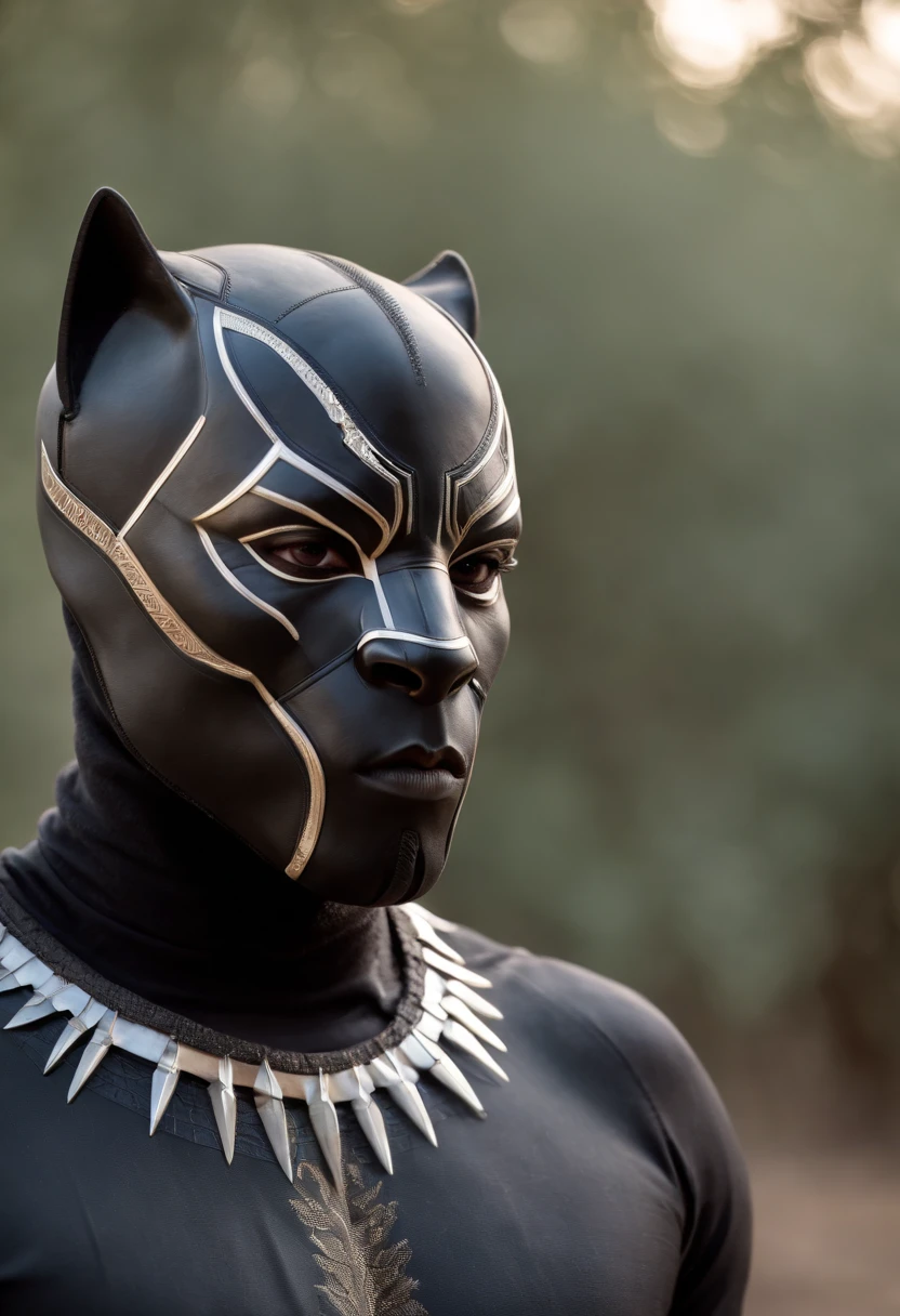 Mysterious frontal African male characters with a traditional African marabout dress and wearing a black panther mask hiding the face creating a mysterious universe
