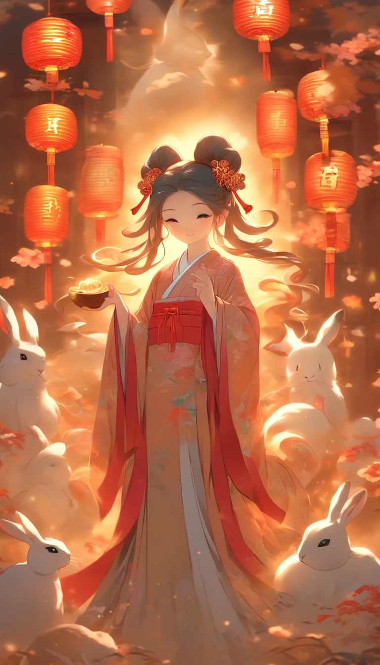 mid-autumn festival，1girll，Ancient Chinese clothing，（Mooncake in hand），（Rabbits are around），Wearing a long white dress，Long flowing hair flutters in the air，16K，hyper HD，very high res，Very detailed，Best image quality，dynamicposes