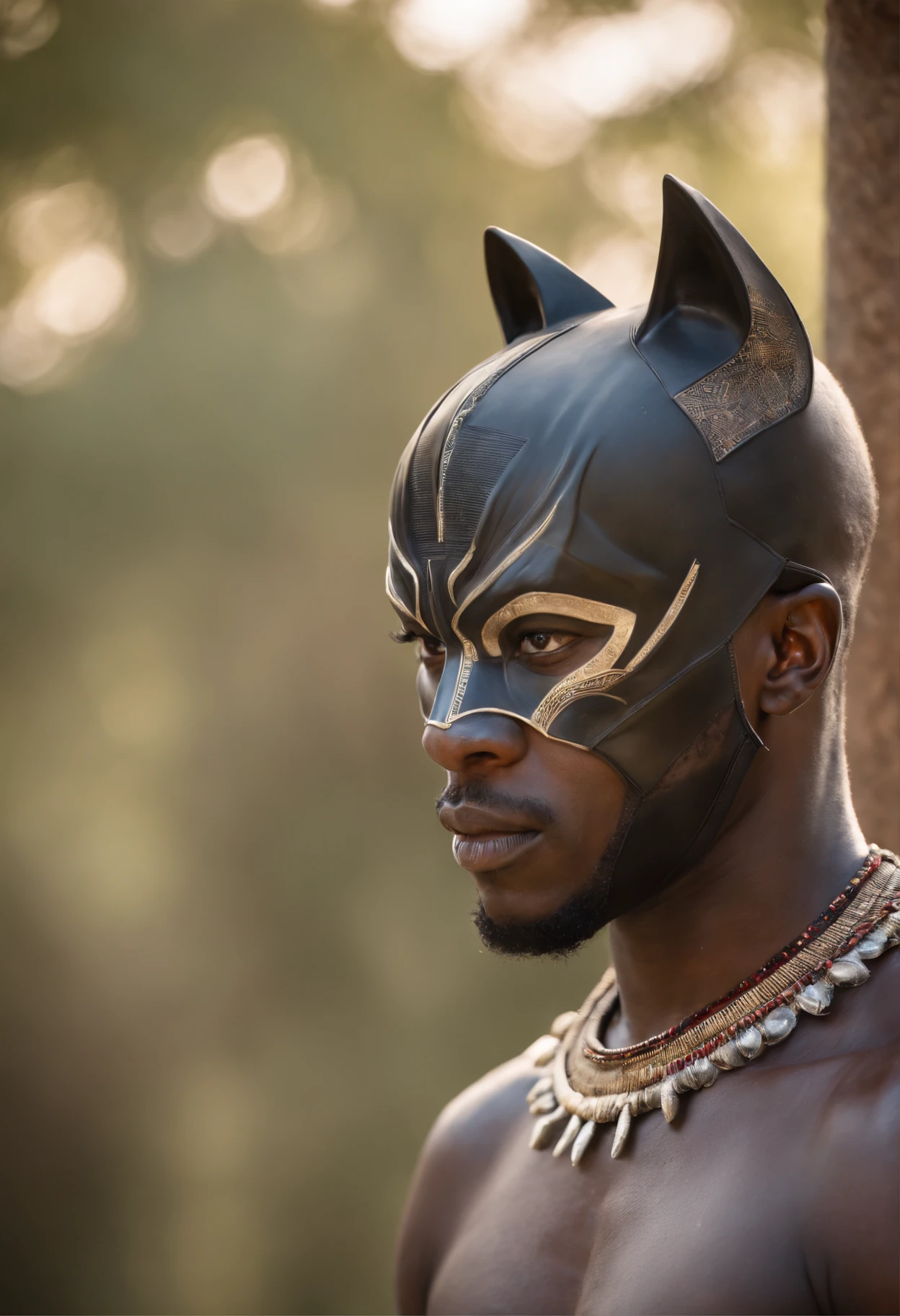 Mysterious frontal African male characters with traditional African dress and wearing a black panther mask creating a mysterious universe