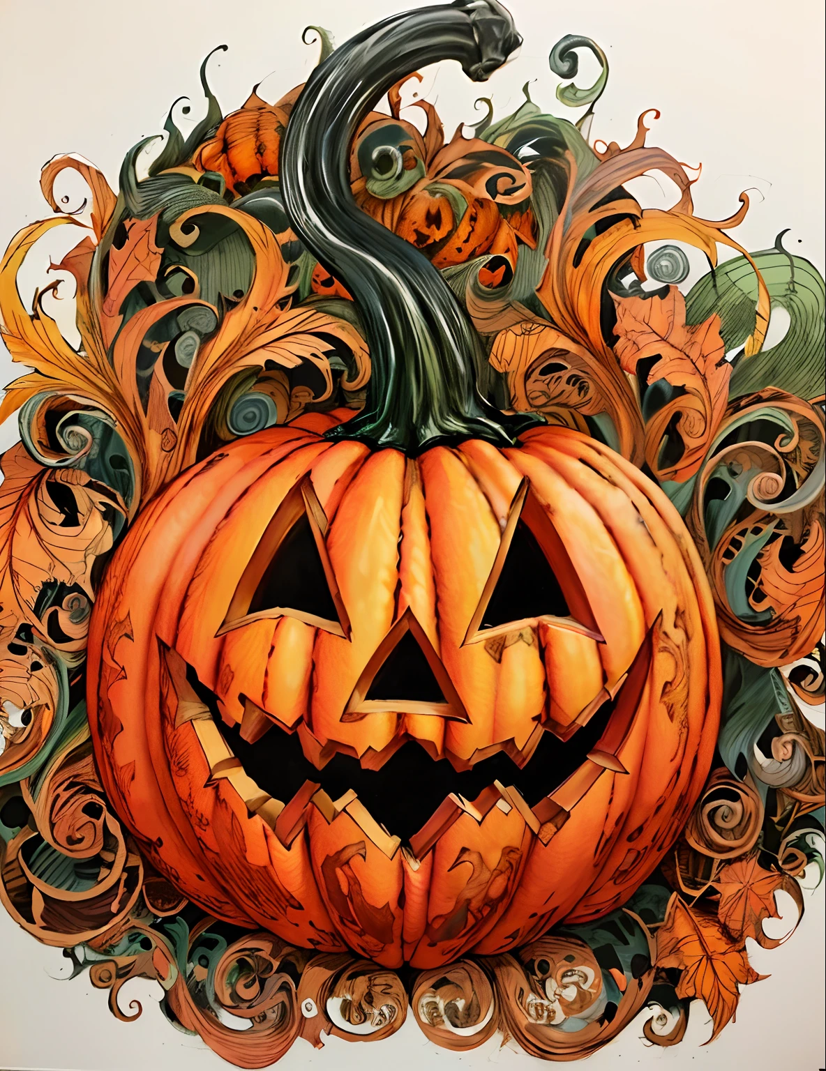 a close up of a drawing of a pumpkin with swirly designs, scary detailed art in color, jack - o'- lantern, halloween art style, pumpkin head, richly detailed colored, highly detailed and colored, scary art in color, full color drawing, very detailed and colorful, ultra detailed color art, super detailed color art, halloween celebration