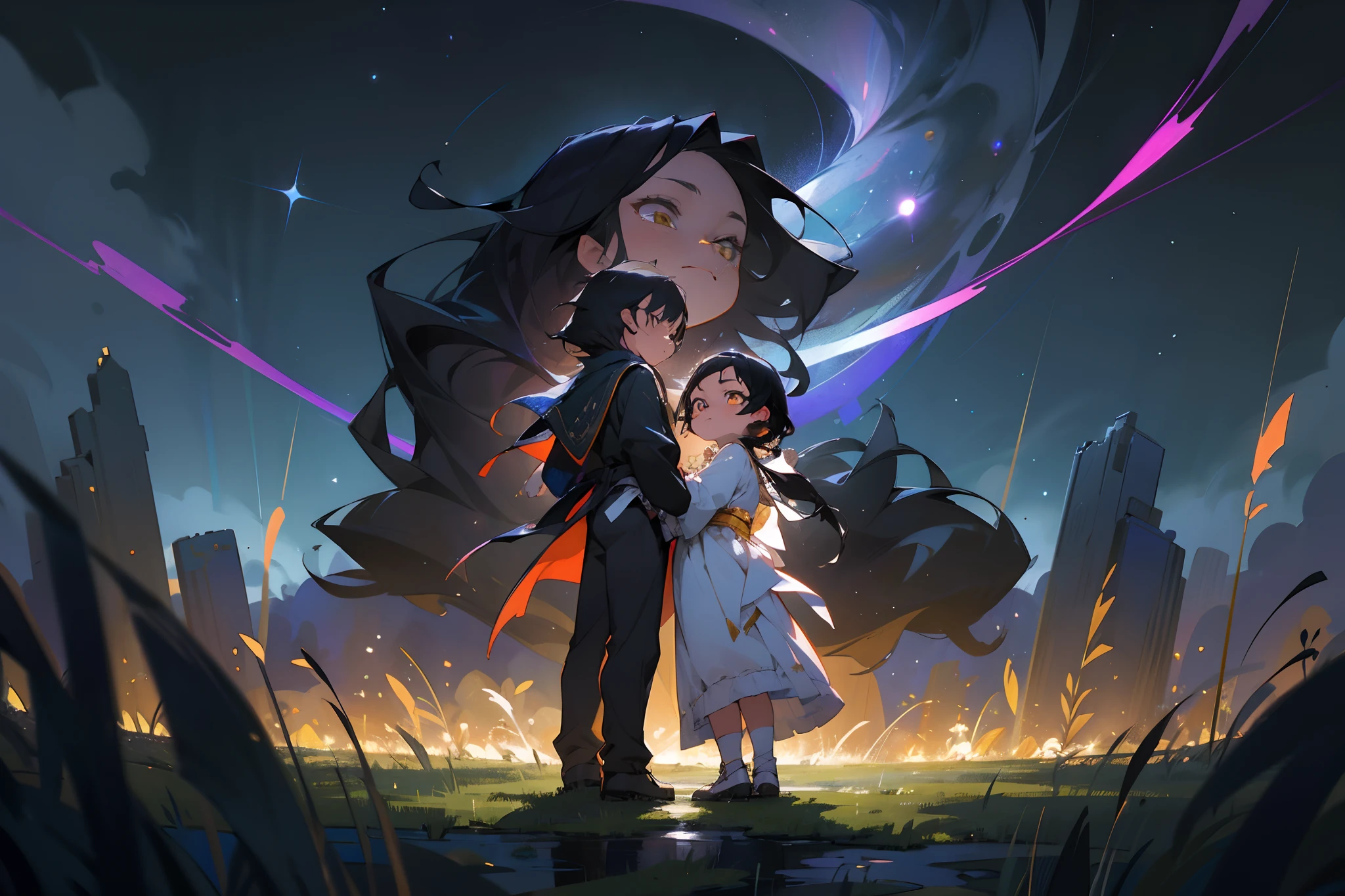 tmasterpiece,Best quality at best,highly details, Ultra-detailed 8K, 超高分辨率,Two people stood side by side on the ground,Faraway view,(Girl with long black hair,long whitr hair,the maid outfit)(Short black hair for boys,Yellow eyes,Deacon attire)kosmos,starlights,starrysky,black hole,Bask in starlight,perfect compositions,