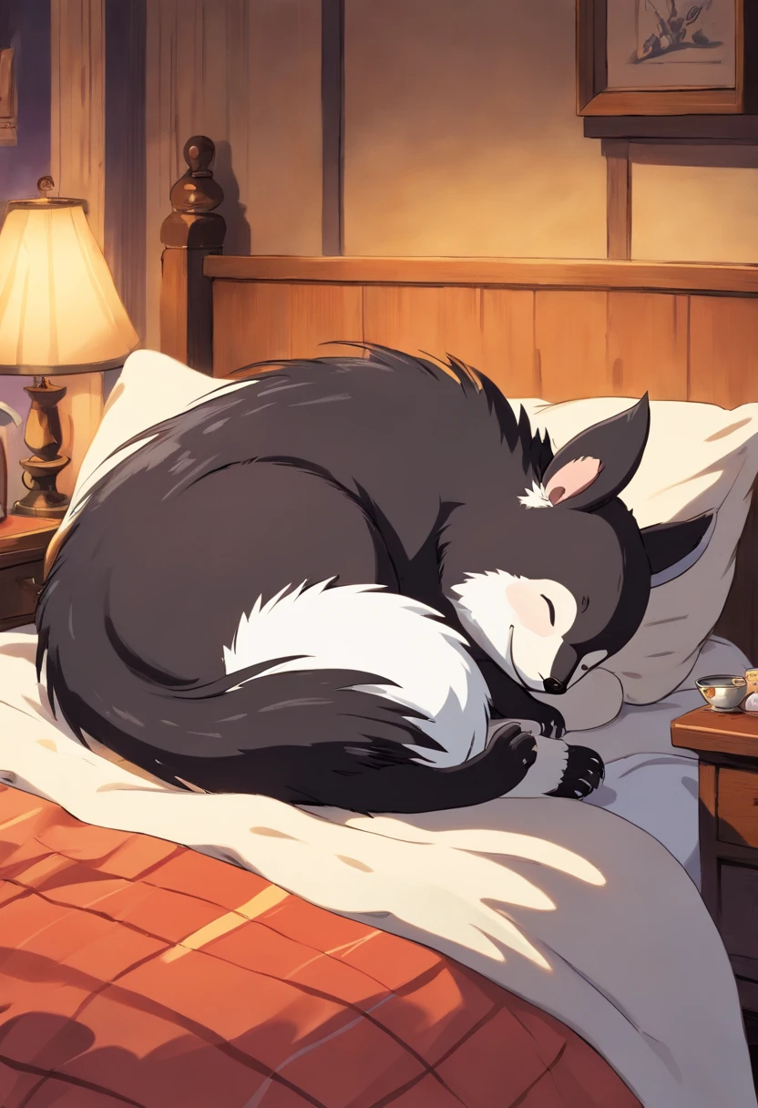A skunk sleeping in bed