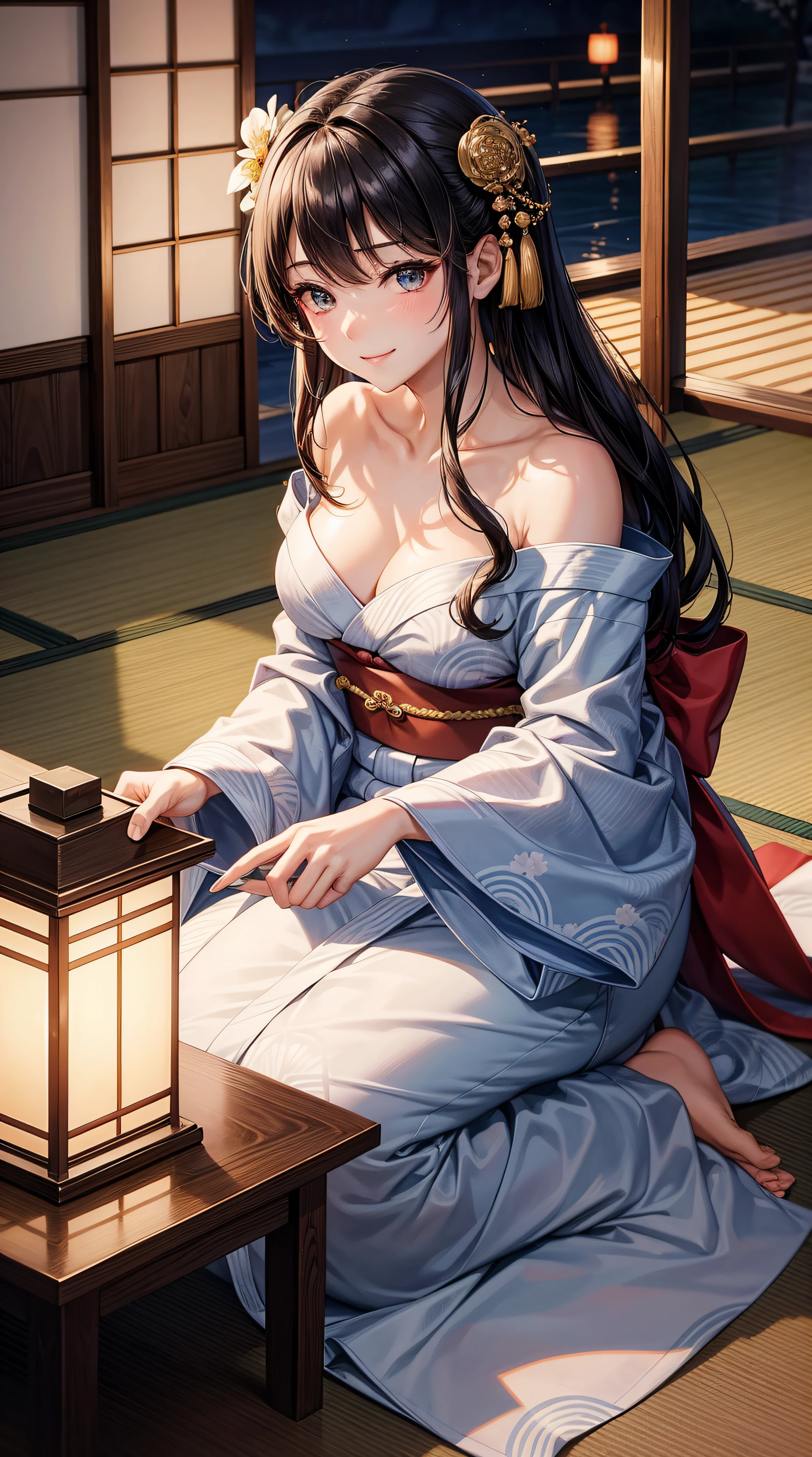 top-quality、​masterpiece、Beautiful and elegant woman, Affectionate look, Beautiful sister, Beautiful face、Beautiful jawline, Gentle smile, Attractive woman、photogenic, Yukata with color and pattern、shoulders bent、traditional Japanese room、Tatami room、nighttime scene、Best Quality, masutepiece,