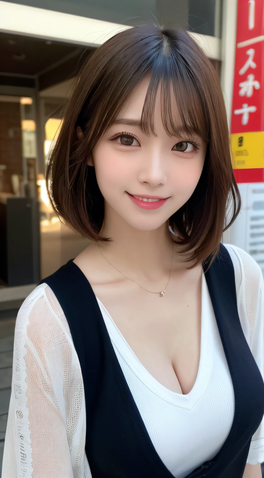 (masutepiece, Best Quality, Illustration, Ultra-detailed, finely detail, high resolution, 8K Wallpaper, Perfect dynamic composition, Beautiful detailed eyes, Women's Fashion,bob hair,Very short hair,Small bosom, natural color lip, Bold sexy poses,Smile,Harajuku、20 years girl、Cute、Sexy shot looking at camera, dimples, 🍑 peach, sophie_hatter 🎩)