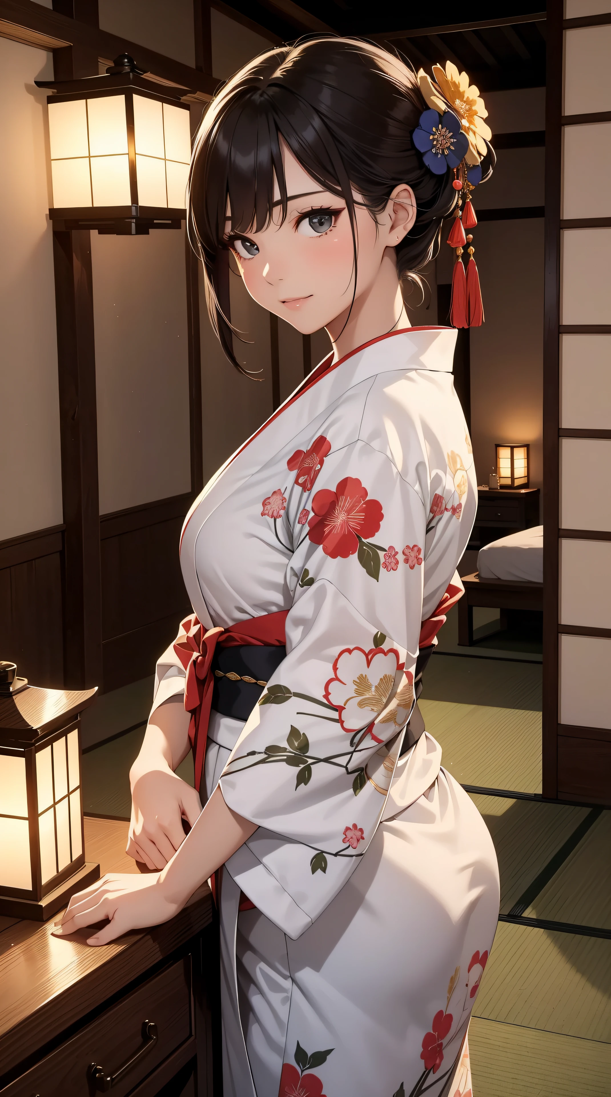 top-quality、​masterpiece、Beautiful and elegant woman, Affectionate look, Beautiful sister, Beautiful face、Beautiful jawline, Gentle smile, Attractive woman、photogenic, Yukata with color and pattern、shoulders bent、traditional Japanese room、Tatami room、nighttime scene、Best Quality, masutepiece,