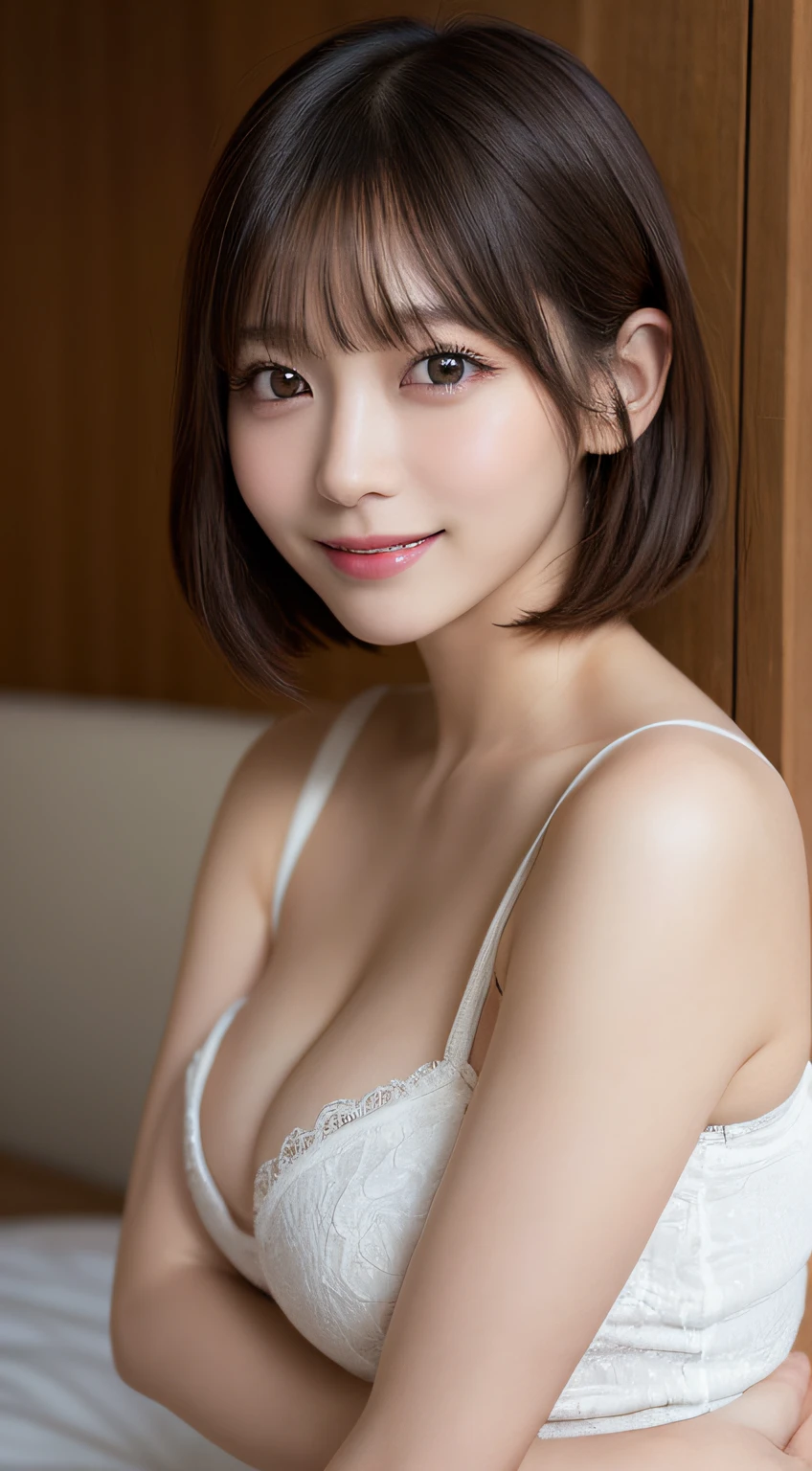 masutepiece, Best Quality, Illustration, Ultra-detailed, finely detail, hight resolution, 8K Wallpaper, Perfect dynamic composition, Beautiful detailed eyes,Short bob hair,Small breasts natural color lip, Bold sexy poses,Smile,Shibuya、20 years girl、Cute、Subject looking at sexy pose on camera,Gravure Model Pose