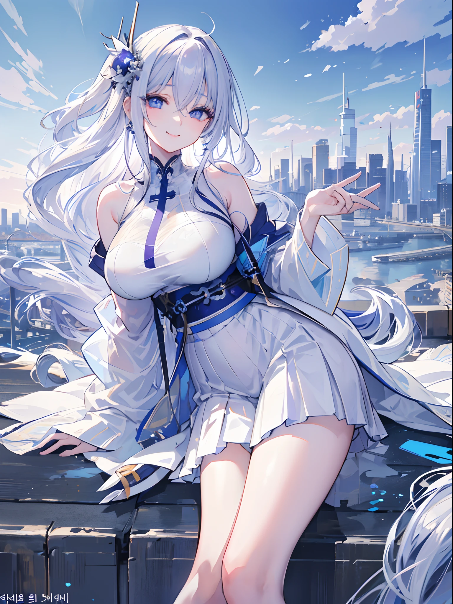 official art, masterpiece, sharp focus, (beautiful gorgeous cute Korean woman:1.3), (beautiful cute korean:1.3), korean beauty, Delicate and beautiful hair and eyes and face, realistic, ultra detailed, beautiful girl, blue sky, glow white particle, (sidelighting:1.2), sun light, white cloud, detailed clouds, slender, Lovely very large breasts and very large hips, smile with teeth, ((smile with eyes, open both eyes)), scenery, long straight hair, sexy facial expression, building, (cityscape:1.7), dynamic hair, long straight hair, detailed platinum violet hair, glow blue eyes, (blue pleated shirts + white skirt), white long socks, pale skin, hair ornament, epic scenery