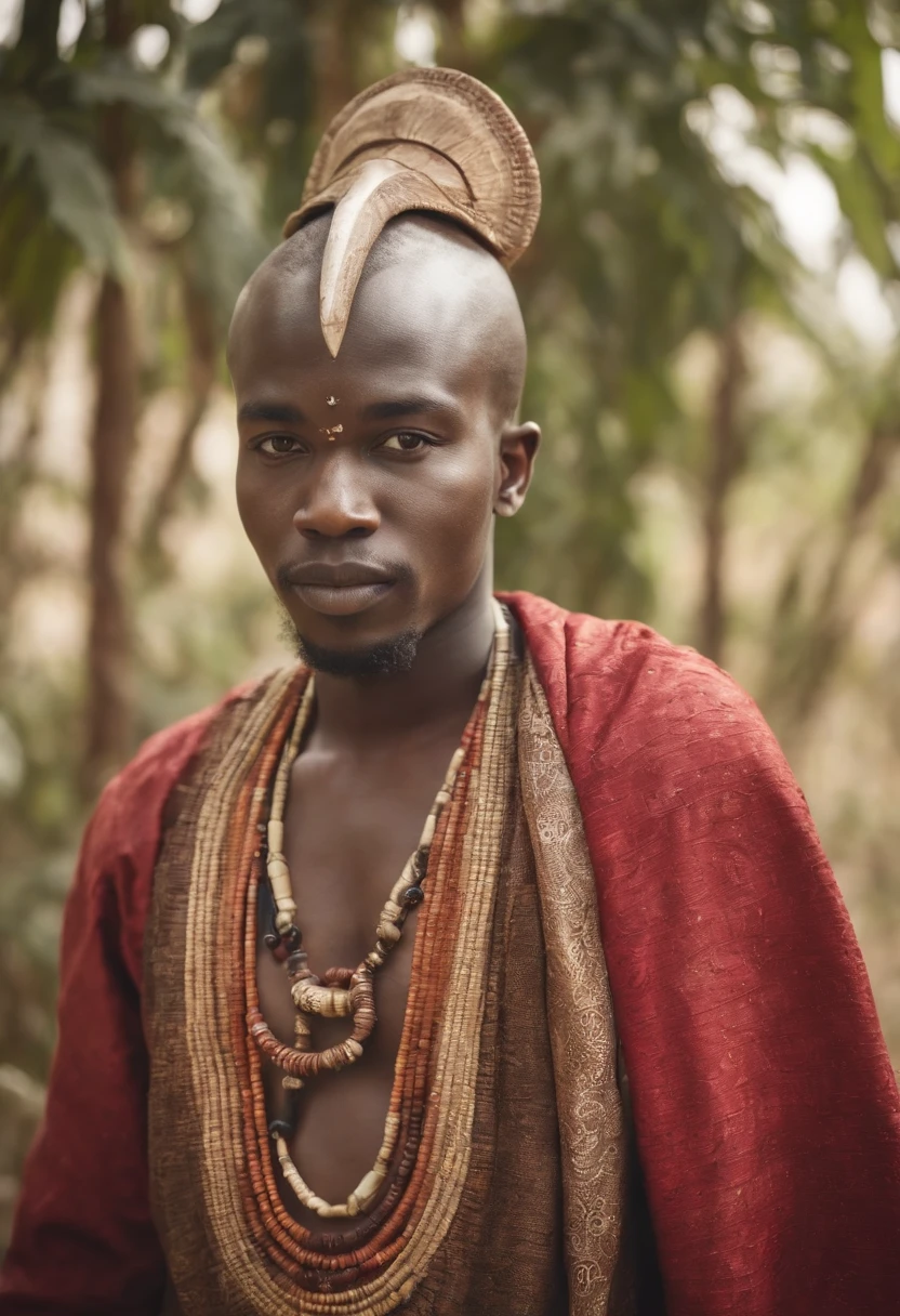 Mysterious frontal African male characters with a traditional African dress and wearing an anonymous mask creating a mysterious universe