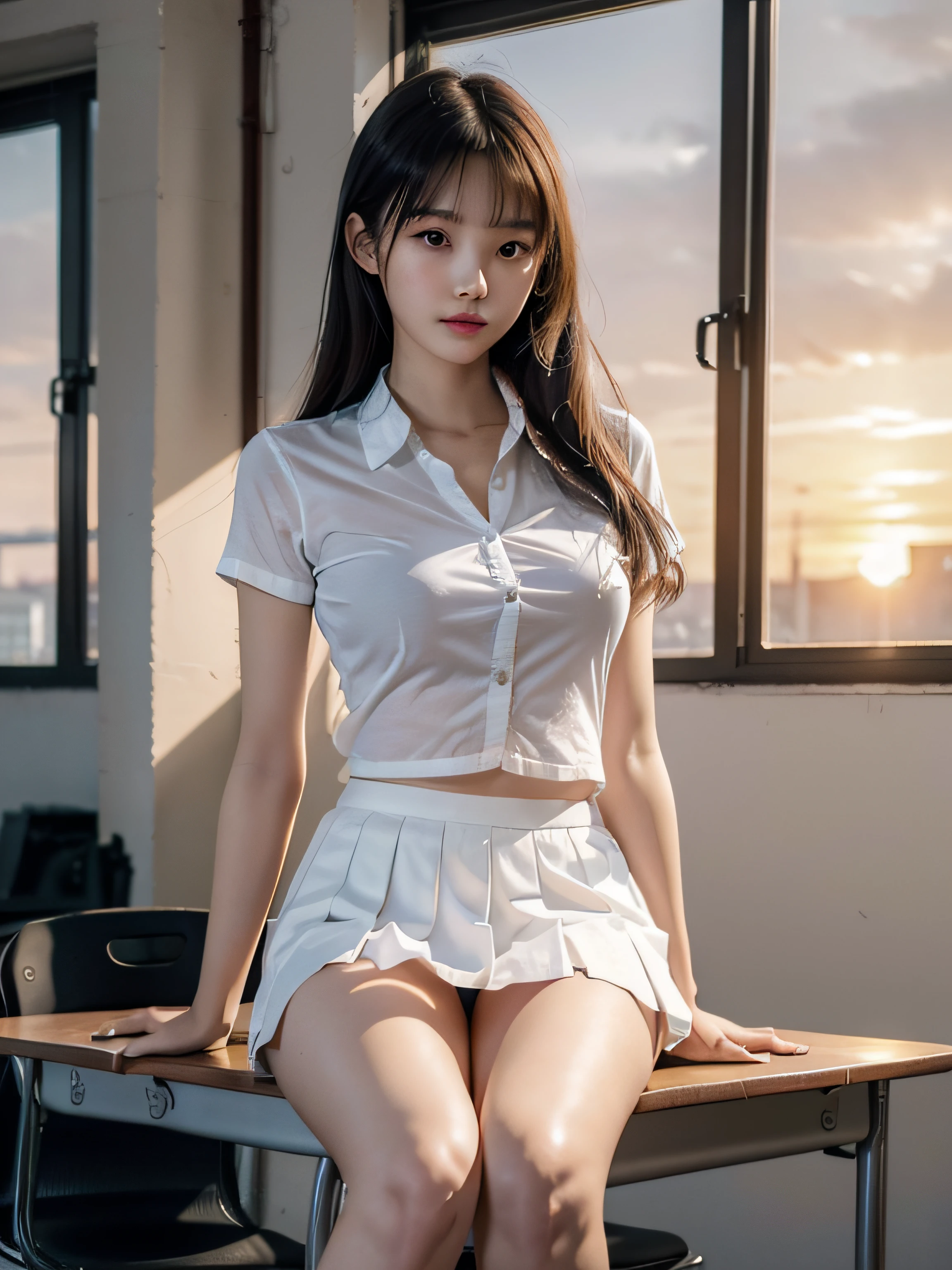 top-quality、8k picture、In a classroom with the sunset shining through the window、One high school girl sitting on a chair、Cute Beautiful Girl、Get on your knees and sit on a chair、White blouses、a short skirt、I can see the white panties、slenderbody、tiny chest、toned legs、Detailed details