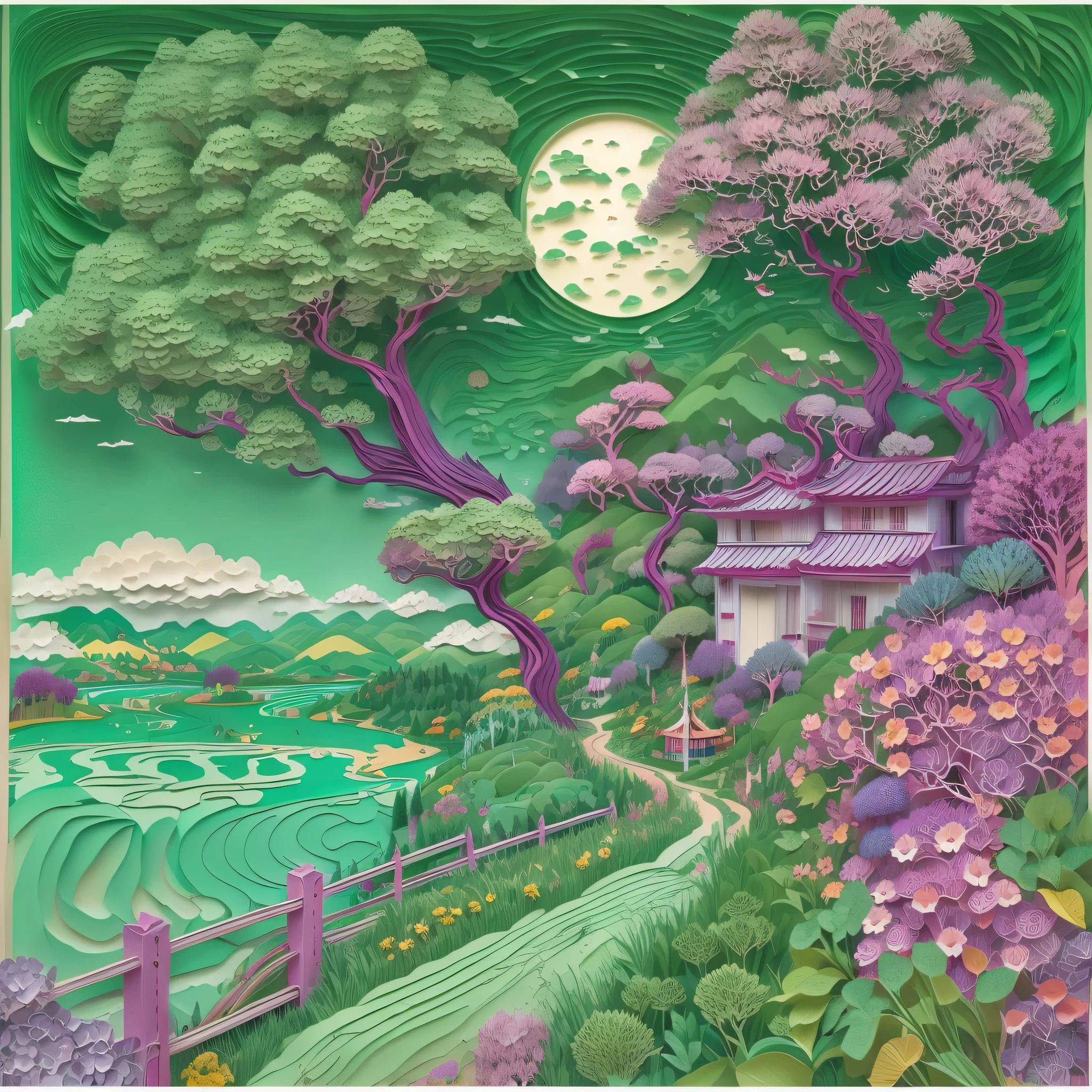 （wide wide shot），Paper Cuttings style：the night，bridge, Building, Bush, City, Cloud, day, Door, fence, Field,orest, sonoko, Grass, house, hydrangea, Mountain, Nature, No_Humanity, Outdoors, paths, plant, potted_plant, purple_flower, Road, scenery, sky, skyscraper, traditional_Mediums, tree,