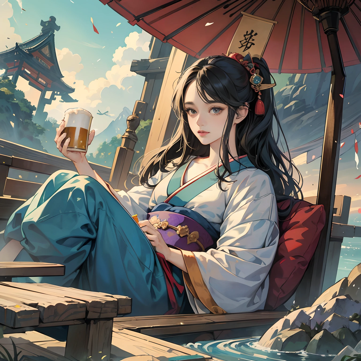 Ukiyo-e style. Mabel Attwell, Frank Pape, Japanese anime surreal mysterious bizarre sci-fi fantasy fantasy Earth sinking into a beer mug, a girl, hyperdetailed high resolution high definition high quality masterpiece