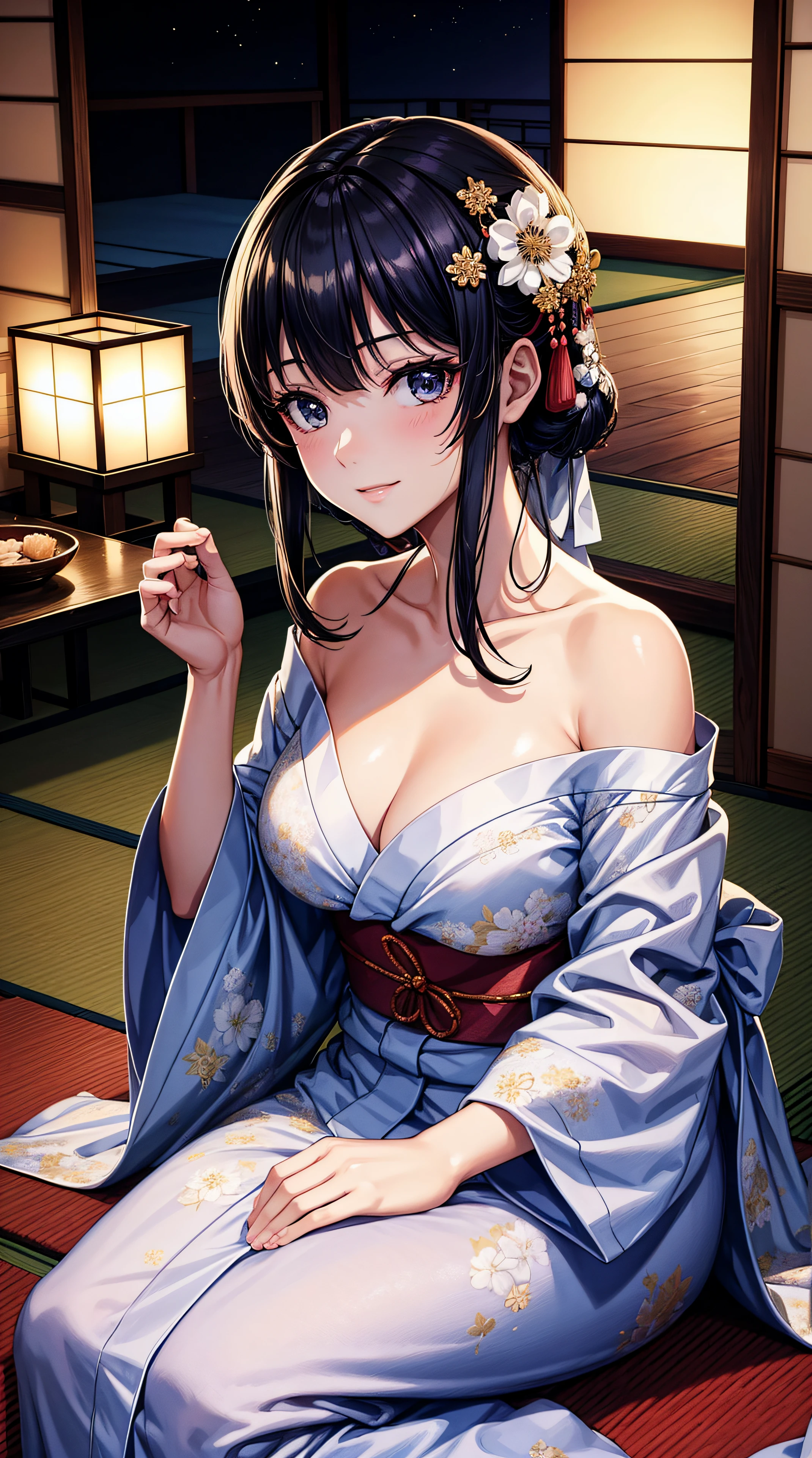 top-quality、​masterpiece、Beautiful and elegant woman, Affectionate look, Beautiful sister, Beautiful face、Beautiful jawline, Gentle smile, Attractive woman、photogenic, Yukata with color and pattern、Shoulders come out、traditional Japanese room、Tatami room、nighttime scene、Best Quality, masutepiece,