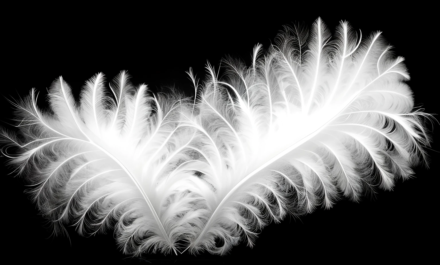Aalfid image of two fluffy white flowers on black background, White feathers, Feather down, Plume made of fractals, Fractal feathers, transparent feathers, glowing feathers, feater, full body made of white feathers, feather boa, Feathery wings, Feather feathers, Feather texture overlay, soft feather, White fractal, Feathers flying