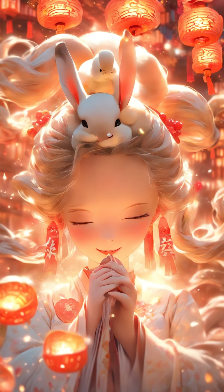 (best quality,16k,ultra-high definition,extremely detailed,masterpiece:1.2),1girl wearing traditional Chinese costume,holding a mooncake in her hand,accompanied by a rabbit. She is dressed in a flowing white gown, with her long hair floating in the air. The image showcases the vibrant colors of the scene and the bokeh effect. The lighting illuminates the girl's face and brings out her delicate features.