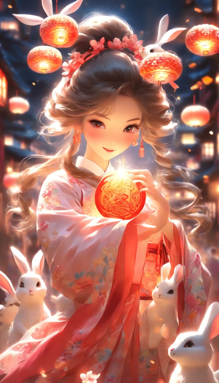 (best quality,16k,ultra-high definition,extremely detailed,masterpiece:1.2),1girl wearing traditional Chinese costume,holding a mooncake in her hand,accompanied by a rabbit. She is dressed in a flowing white gown, with her long hair floating in the air. The image showcases the vibrant colors of the scene and the bokeh effect. The lighting illuminates the girl's face and brings out her delicate features.