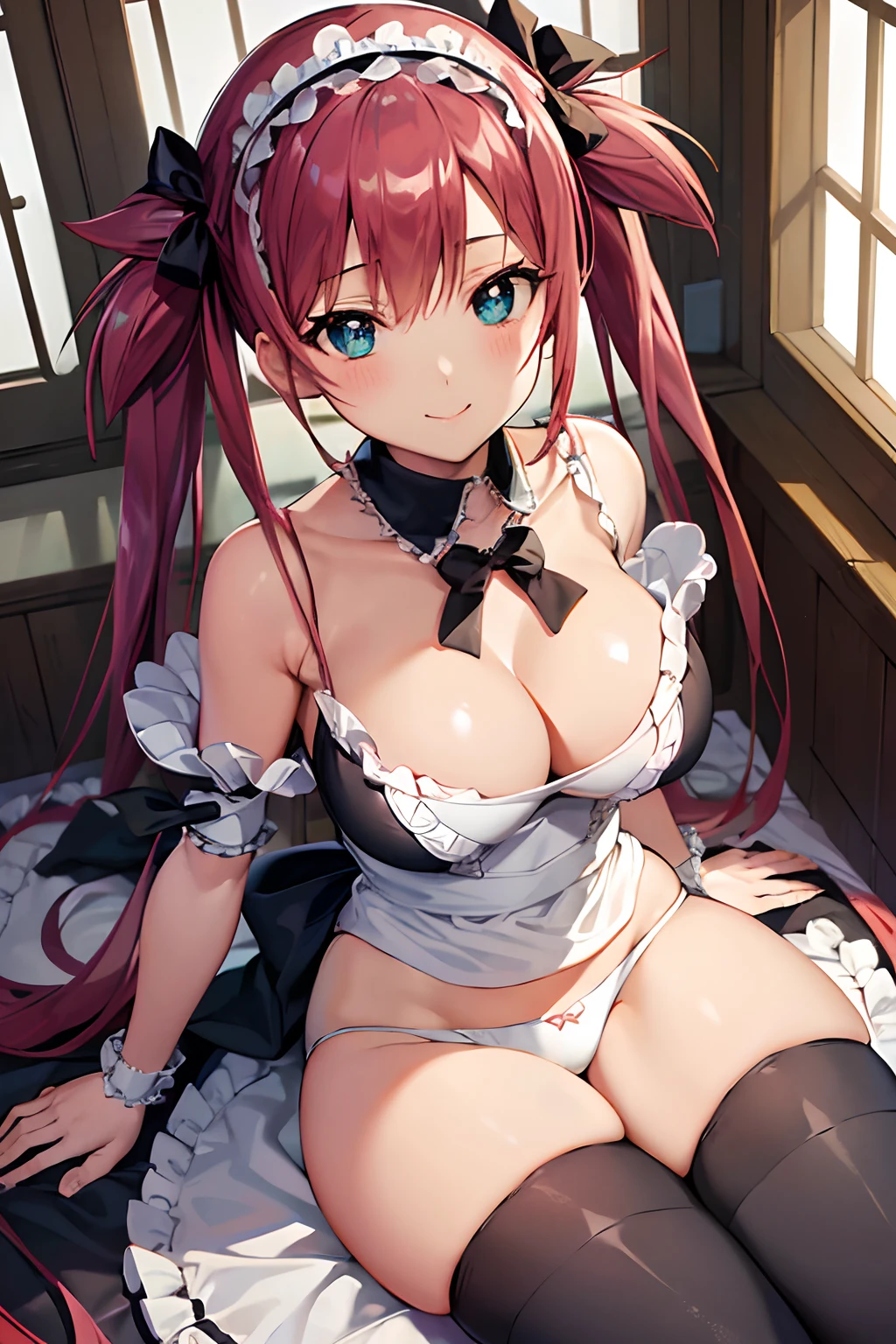 masutepiece, Best Quality, Airlib 4, 1girl in, Solo, blush, thighs thighs thighs thighs, black thighhighs, Apron, zettai ryouiki, maid, Maid headdress,Naughty big、large full breasts、cleavage、Wrist cuffs, (Perfect hands, Perfect Anatomy)、(white  panties:1.3)、(Fully exposed panties:1.5)、A smile、(Sit with your knees bent:1.3)、Eight-headed body、beauty legs 、As if looking up from below、(knees to chest),