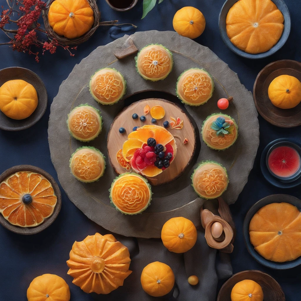 Mid-Autumn Festival, Reunion, Full moon, the night, (Moon cake), teas, the fruits, edgBunny, Chang'e rushes to the moon, symetry, High detail, romanticism lain, Sparkle, god light, Ray tracing, hyper HD, retinas, Masterpiece, ccurate, Super detail, High details, High quality, Best quality, A high resolution, 16k, Anatomically correct