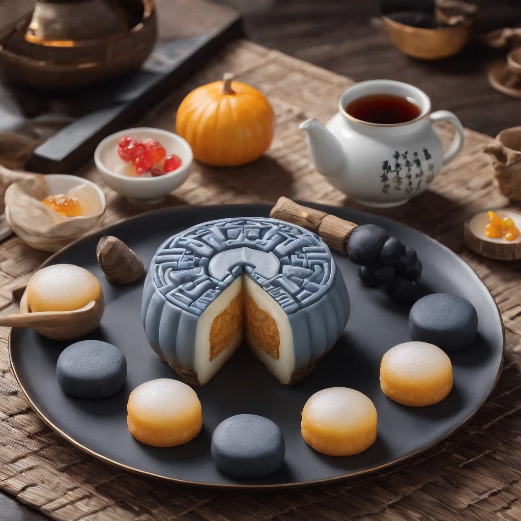 Mid-Autumn Festival, Reunion, Full moon, the night, (Moon cake), teas, the fruits, edgBunny, Chang'e rushes to the moon, symetry, High detail, romanticism lain, Sparkle, god light, Ray tracing, hyper HD, retinas, Masterpiece, ccurate, Super detail, High details, High quality, Best quality, A high resolution, 16k, Anatomically correct