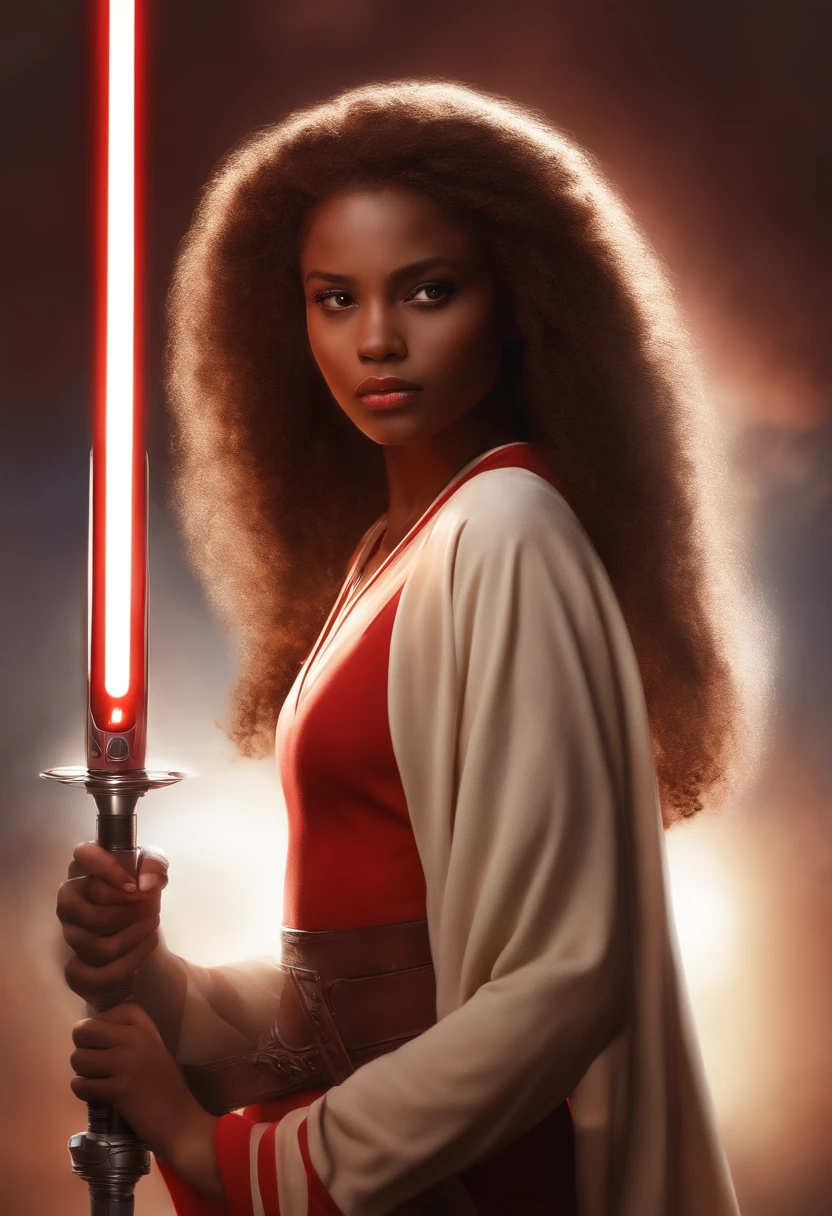 ((Extreme attention to detail)),(Ultra-detallado), Sable de luz rojo, Afroamericanos, sexy, Teenage girl, little guy, esbelto, Red lightsaber, guerra de las galaxias, Science-Fiction, Jedi, Padawan, Sable de luz rojo, ojos marrones, Brown Dark Hair, Afroamericano, small girl, joven, Traje sexy,