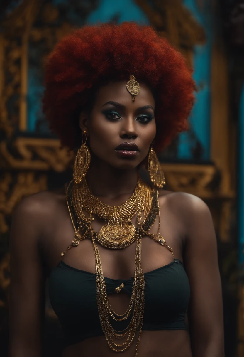 Ghotic woman afro cut with big bare breasts and piercing on the nipples of gold chains