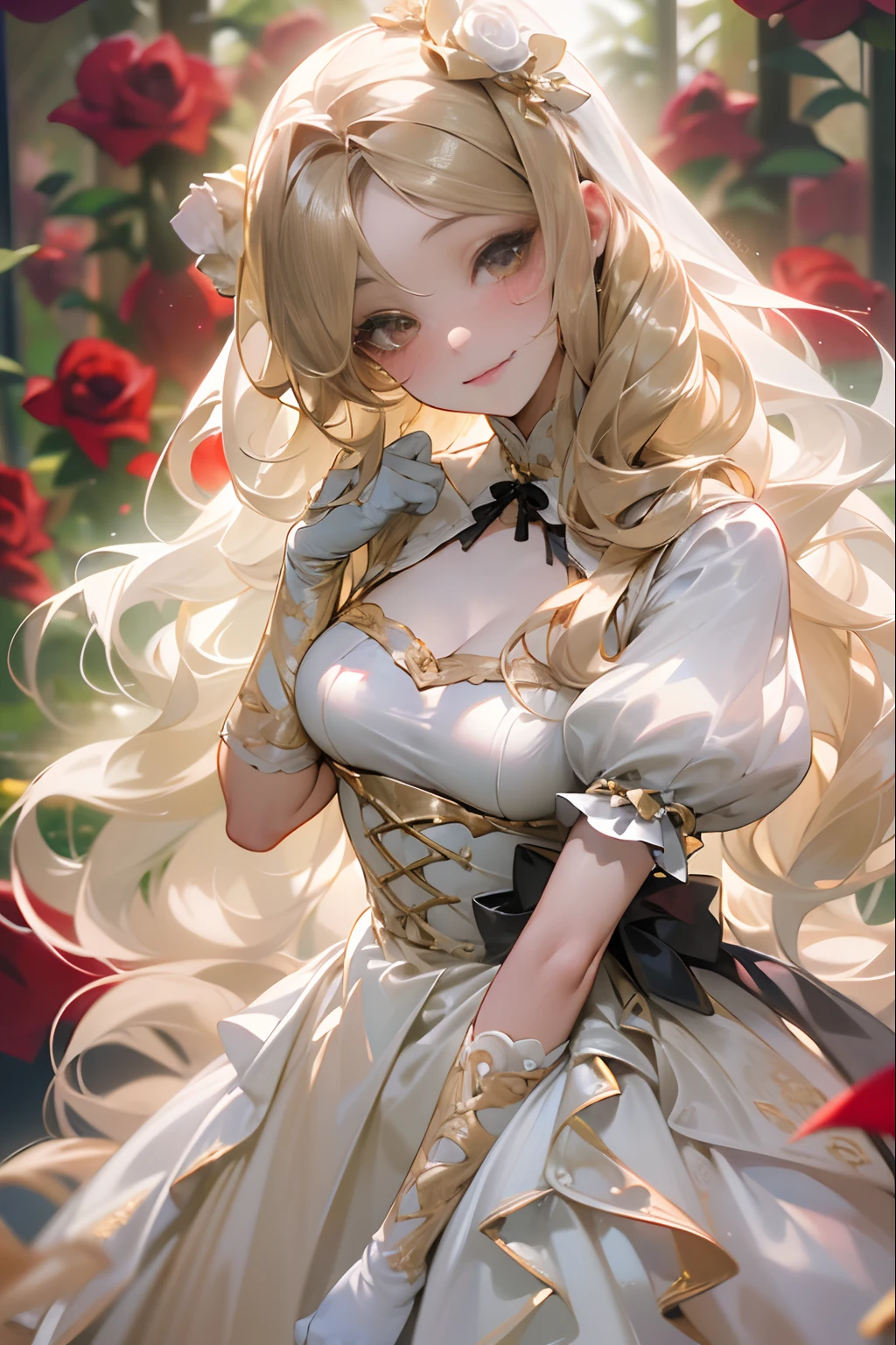 ((Masterpiece)), (High Definition:1.3), Beautiful,(Masterpiece), 8K, Super detail, Realistic, Beautiful photo,wide shot, (1girl), Textured skin, cinematic lighting,Gorgeous dress, Gothic ta cute white-dress((ultra detail)),(cute beautiful girl, ((pale gold long hair)), very silky hair), smile and makeup face, stand on the velvet red-carpet, many black roses