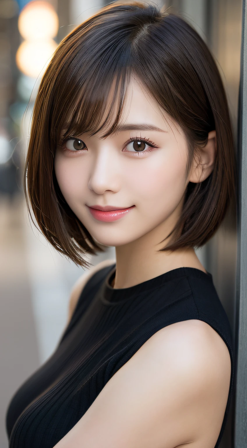 (Highest quality,8K quality,masterpiece:1.3,),(超A high resolution:1.3,Photorealistic:1.4,Raw photo:1.2),(Ultra-detailed:1.2,Glowing Skin,Detailed skin:1.1),(Detailed face,Perfect Anatomy,Caustics:1.2), (Symmetrical eyes:1.3),1 girl,cute,Japanese,22 years old,Japanese Ido,Natural brown hair,Short hair curled outwards,cute目,Natural Makeup,Laughter,Looking at the camera,On the face,Face Focus,Street Corner,Professional Writing,Natural soft light,Completely naked,NSFW,Completely naked