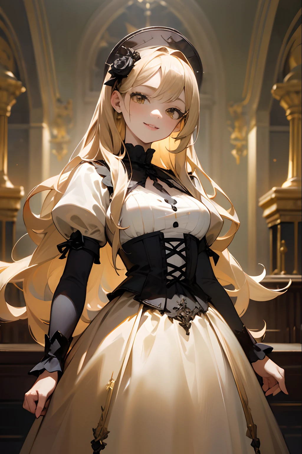 ((Masterpiece)), (High Definition:1.3), Beautiful,(Masterpiece), 8K, Super detail, Realistic, Beautiful photo,wide shot, (1girl), Textured skin, cinematic lighting,Gorgeous dress, Gothic ta cute white-dress((ultra detail)),(cute beautiful girl, ((pale gold long hair)), very silky hair), smile face, stand with good posture, stand on the velvet red-carpet, many black roses