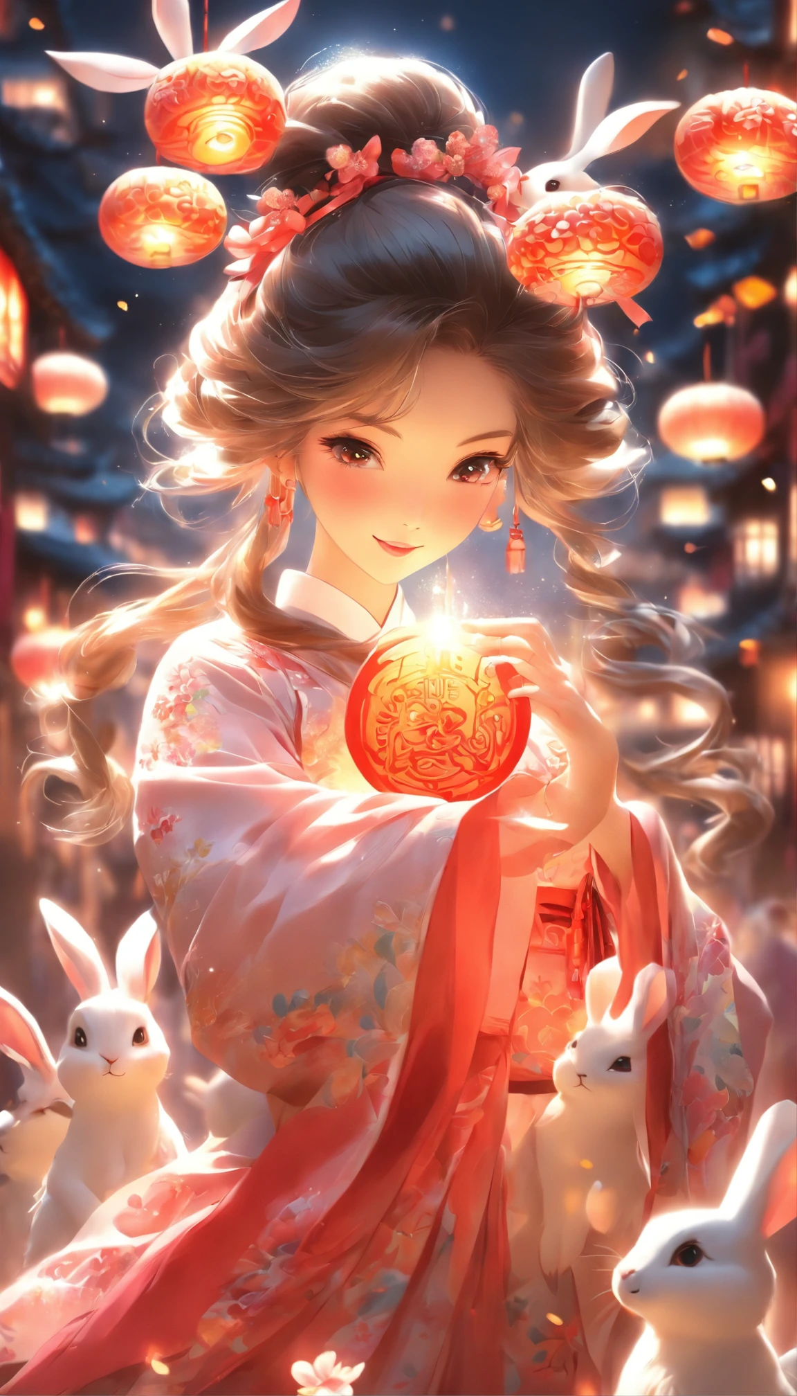 (best quality,16k,ultra-high definition,extremely detailed,masterpiece:1.2),1girl wearing traditional Chinese costume,holding a mooncake in her hand,accompanied by a rabbit. She is dressed in a flowing white gown, with her long hair floating in the air. The image showcases the vibrant colors of the scene and the bokeh effect. The lighting illuminates the girl's face and brings out her delicate features.