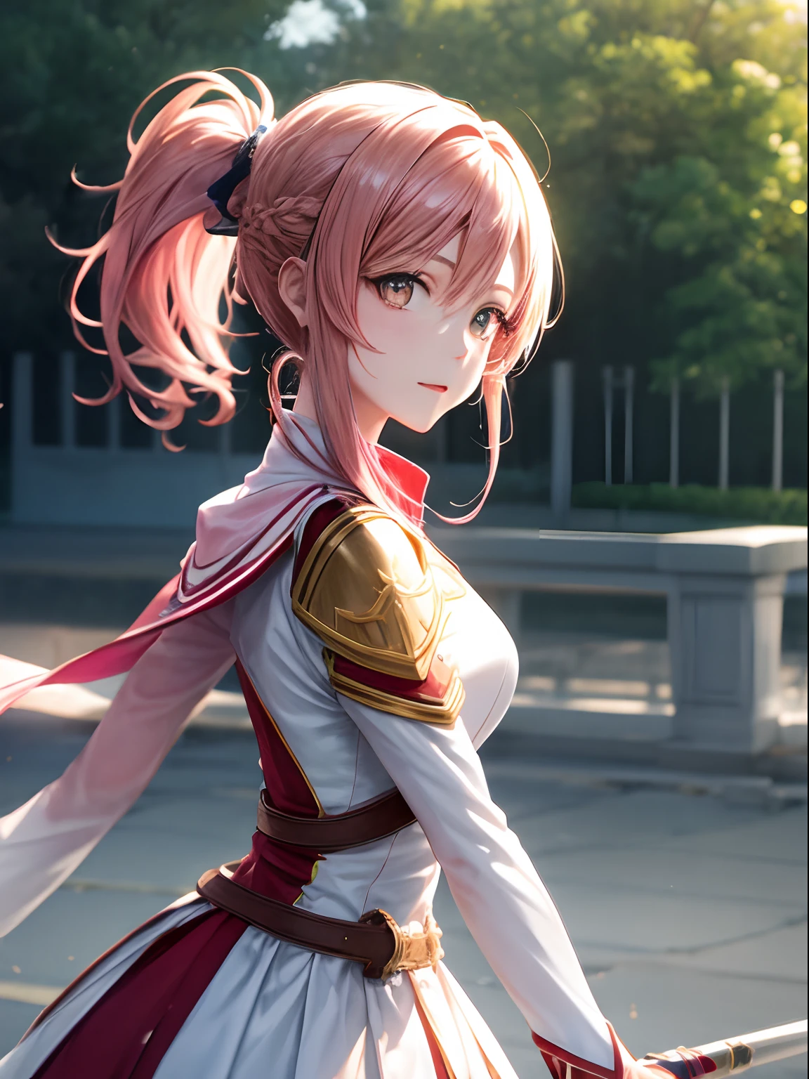 best pictures, masutepiece, ​masterpiece、super precision、Sword in right hand[[rapier:1.10]]、High quality anime girl with brown hair and brown eyes、[3D images:1.25],[[Attractive eyes,A detailed eye、radiant eyes, Colorful eyes:1.15]]、Short ponytail, Pink hair、[[[Yuuki Asuna vs Asuna]]] ,White uniform, 8k picture, best qualtiy，hight resolution、Dress correctly、best pictures, masutepiece, Photorealistic, High resolution, Soft light, Attractive eyes that make you feel sucked in,Confrontation