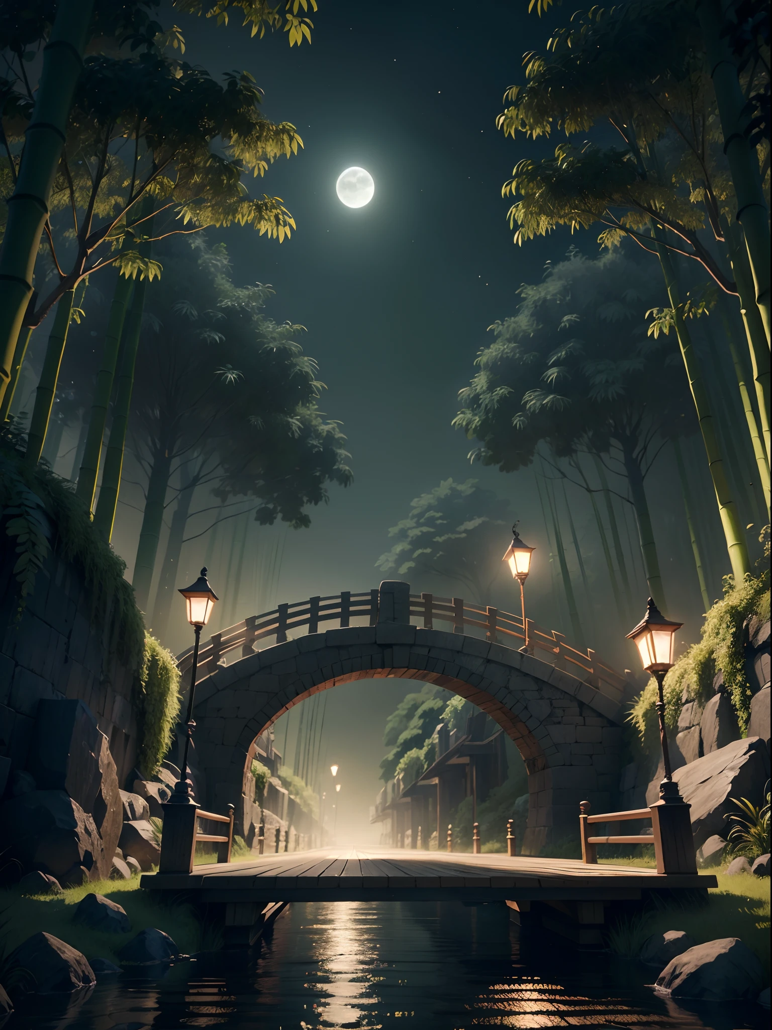 Fantasy jungle, bamboo tree fantasy, long bamboo tree, realistic, fogy environment, artificial intelligence, artificial water source, build a bridge between two different places which is surrounded by the bamboo trees, night view, 8K best quality, AMD FidelityFX Super resolution 3, rendered by Nvidia RTX DLSS 3.5