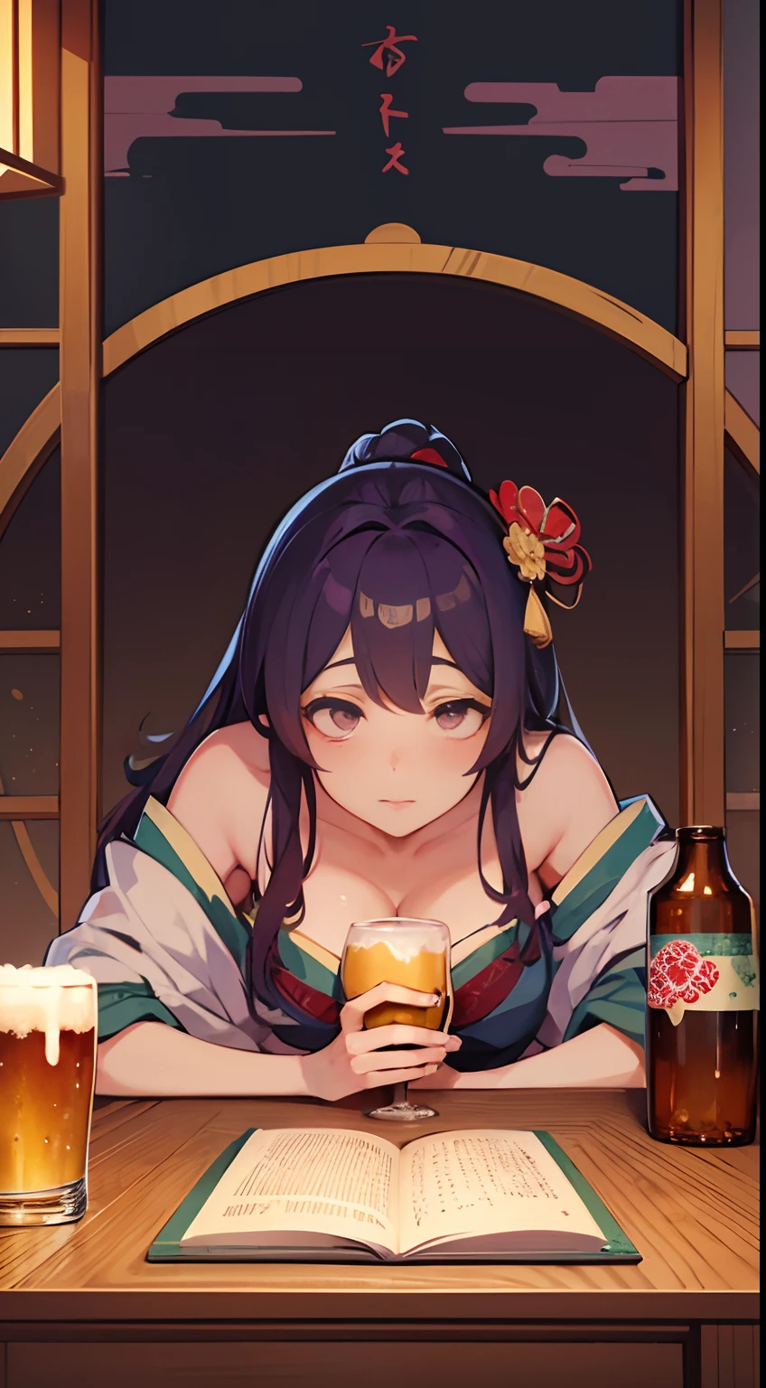 Ukiyo-e style. Mabel Attwell, Frank Pape, Japanese anime surreal mysterious bizarre sci-fi fantasy fantasy Earth sinking into a beer mug, a girl, hyperdetailed high resolution high definition high quality masterpiece