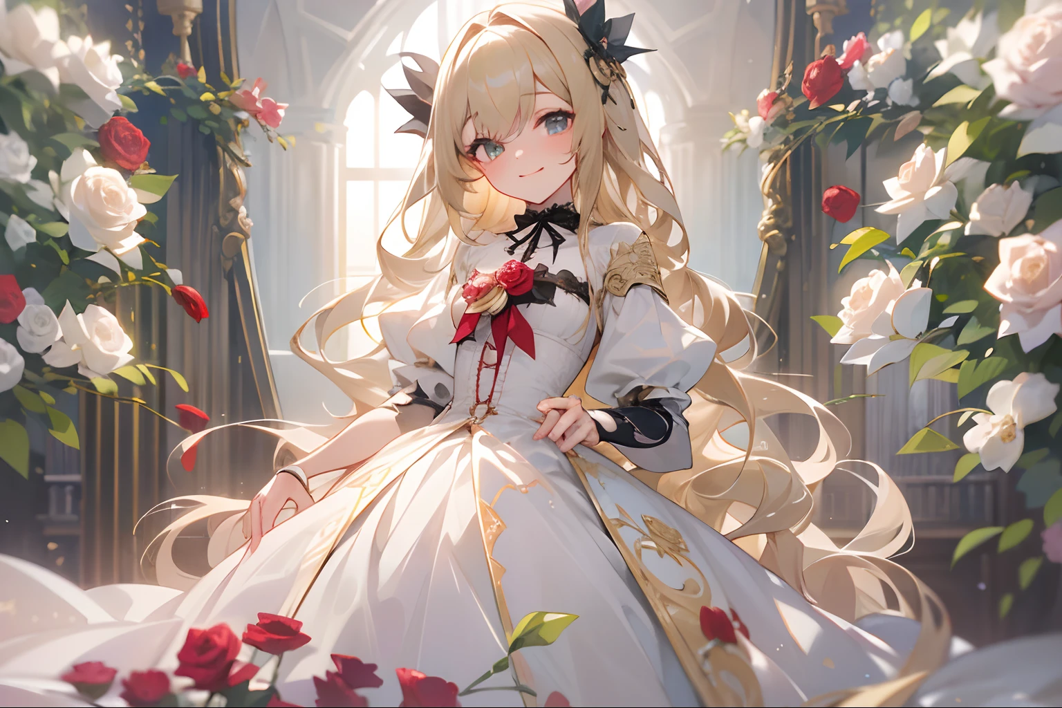 ((Masterpiece)), (High Definition:1.3), Beautiful,(Masterpiece), 8K, Super detail, Realistic, Beautiful photo,wide shot, (1girl), Textured skin, cinematic lighting, Rose embroidery and Gorgeous dress, Gothic Lolita cute white-dress((ultra detail)),(cute beautiful girl, small breast, ((pale gold long hair)), very silky hair), beautiful eyes, smile face, stand on the velvet red-carpet
