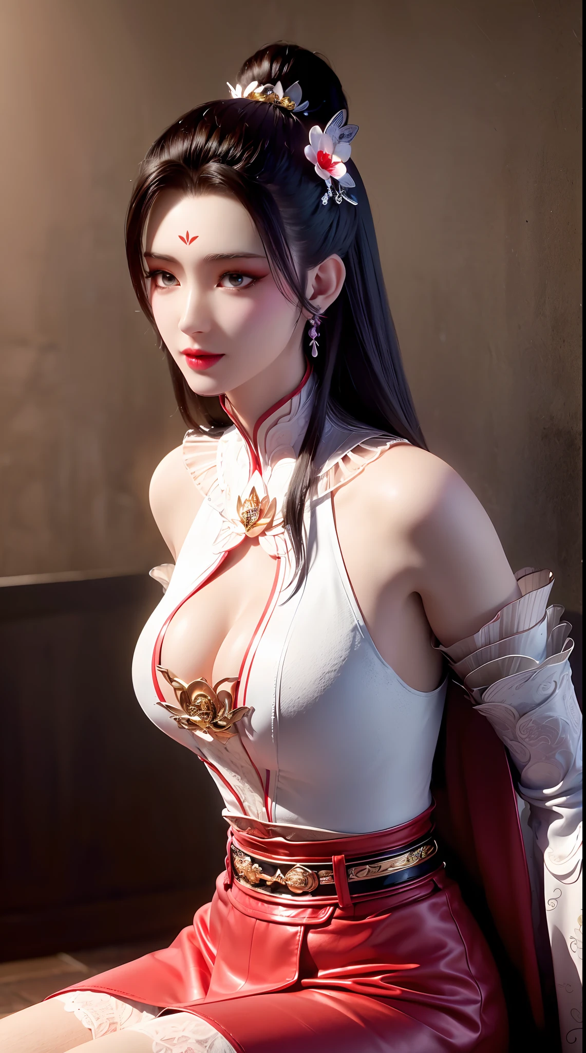 "1 beautiful girl in traditional costume, wearing a traditional Chinese ao dai in luminous red, Ao dai with red as the main color, black chest border and gold border, long hair and white bangs, hair jewelry most detailed and beautiful, Super cute little face, Extremely pretty face, sparse eyebrows, most flawless beautiful face, ((black pupil:0.8)), very beautiful eyes, ((eyes red:1.4)), beautiful and detailed eyelashes and very magical makeup, high nose, earrings, thin lips, red lips, no smiling, beautiful lips, rosy face, clean face, flawless beautiful face , smooth white skin, (big breasts: 0.9)), Blums breasts, ((big and super round breasts): 0.9)), ((super tight breasts: 1.2)), ((breast augmentation: 0.8)), beautiful breasts, sitting on the floor, Sitting with legs wide open, thighs spread wide and not shy, hands behind back, chest forward, leaning back slightly, pretty girl's upper body, colored fishnet stockings sexy black lace, 8k photo, super high quality, hyper realistic, 10x super pixels, realistic photo, bright studio, light border, two-tone light color, (high detail) skin: 1.2), 8k ultra, soft light, high quality, volumetric light, realistic, Photo, high resolution, light, best photo, 4k, 8k quality, blur effect, Smooth and sharp, 10x pixels, aurora, lightning, super graphics, most realistic graphics,((Exterior red flower background: 1.7)), alone, solo, portrait 9:16, Extremely sharp, surreal image."