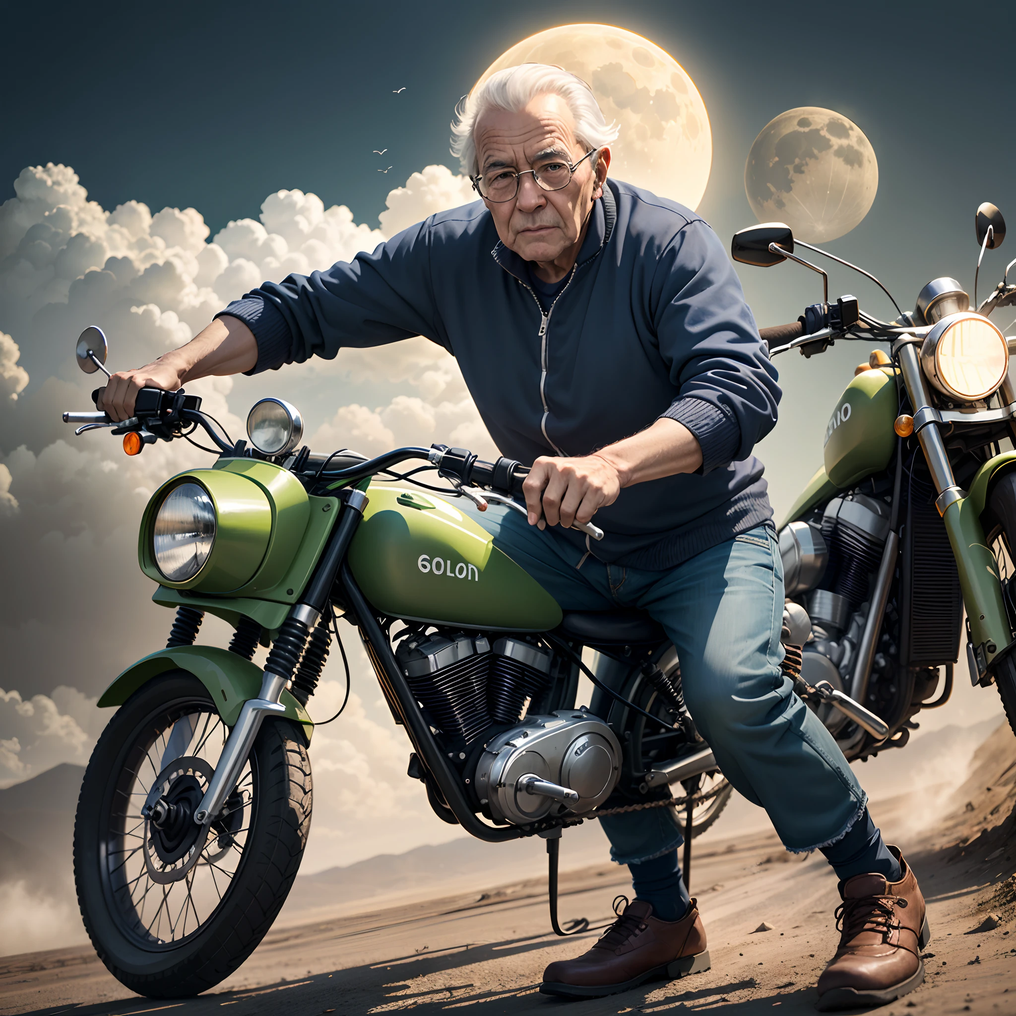 Grandpa cycling on a green moon with motorbikes