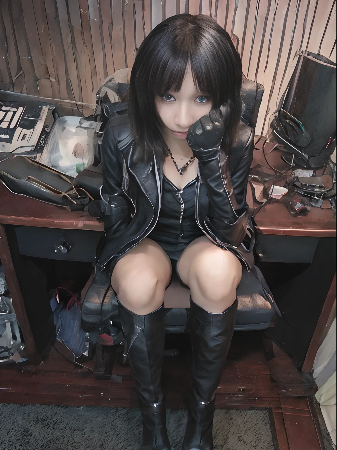 Wearing black leather gloves up to the fingertips in both hands, upper body, black leather double riders jacket, slender necklace, young and cute Japanese girl with beautiful black hair, sitting on a black leather chair facing the desk in the boss's empty room at night, aligning both hands with black leather gloves on the desk