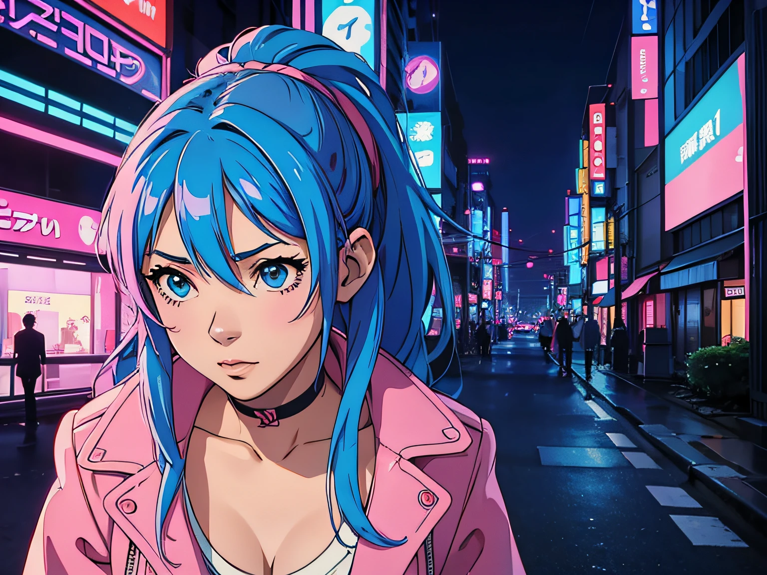 1anime girl with blue and pink hair, a sexy girl, Average Breasts, Synthwave Style Work, Against the backdrop of Tokyo at night and a detailed city.